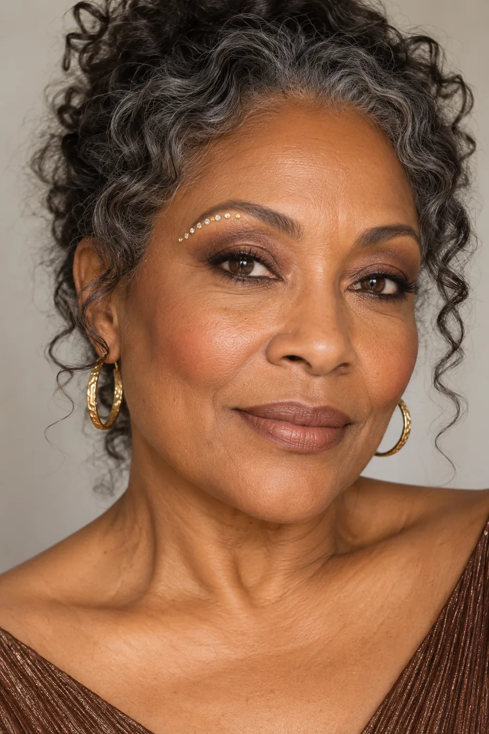 Mature woman with cocoa shadow, close espresso liner, a curved row of gold-clear crystals above the outer brow, bronze blush, and nude-brown lips.
