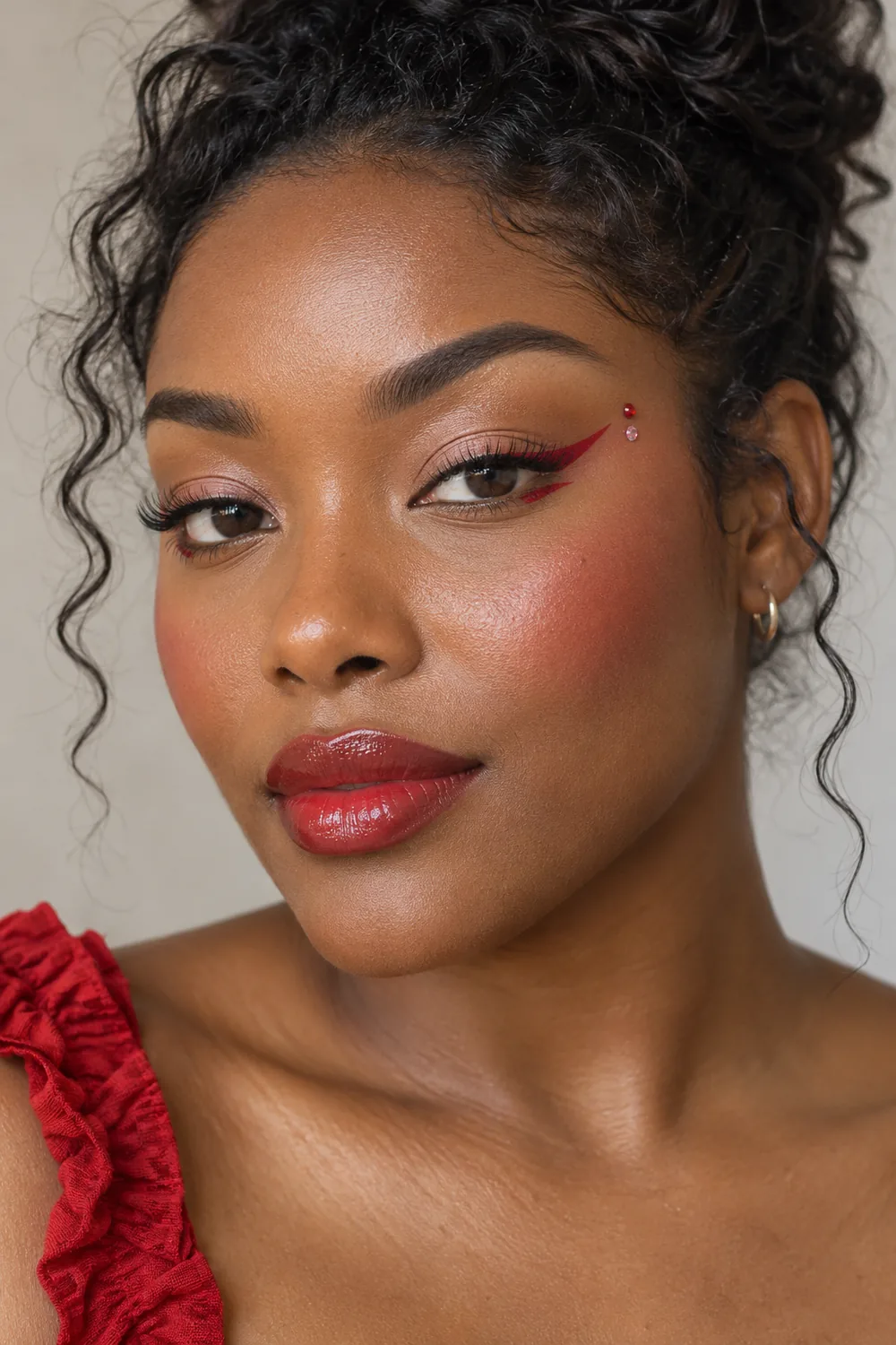Close beauty portrait of an adult woman with warm beige eye shadow, vivid red winged liner and a separated lower accent, two small temple-side gems, rosewood blush, and sheer red lips.