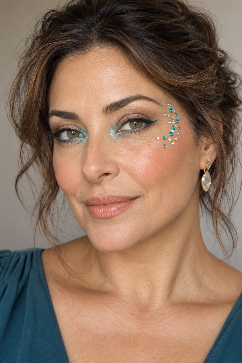 Adult woman with sand shadow, turquoise inner-corner shimmer, short teal flick, turquoise and clear cheekbone gems in a crescent, apricot blush, and muted peach lips.