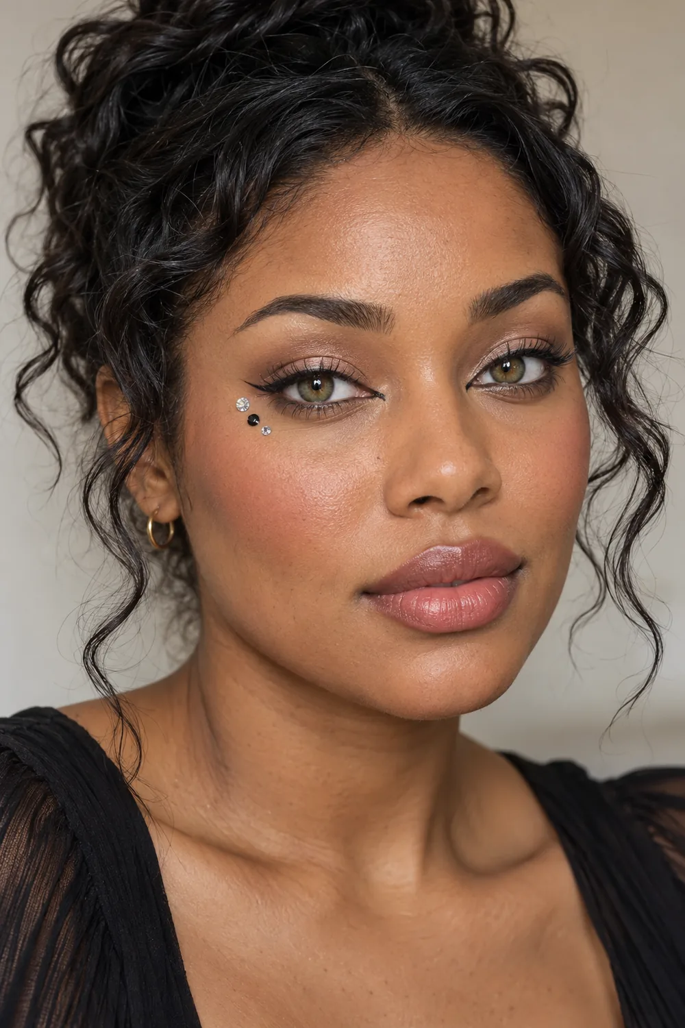 Adult woman with hazel eyes, taupe shadow, a fine black inner wing, three black and clear cheek crystals, soft beige-rose blush, and muted rose lips.