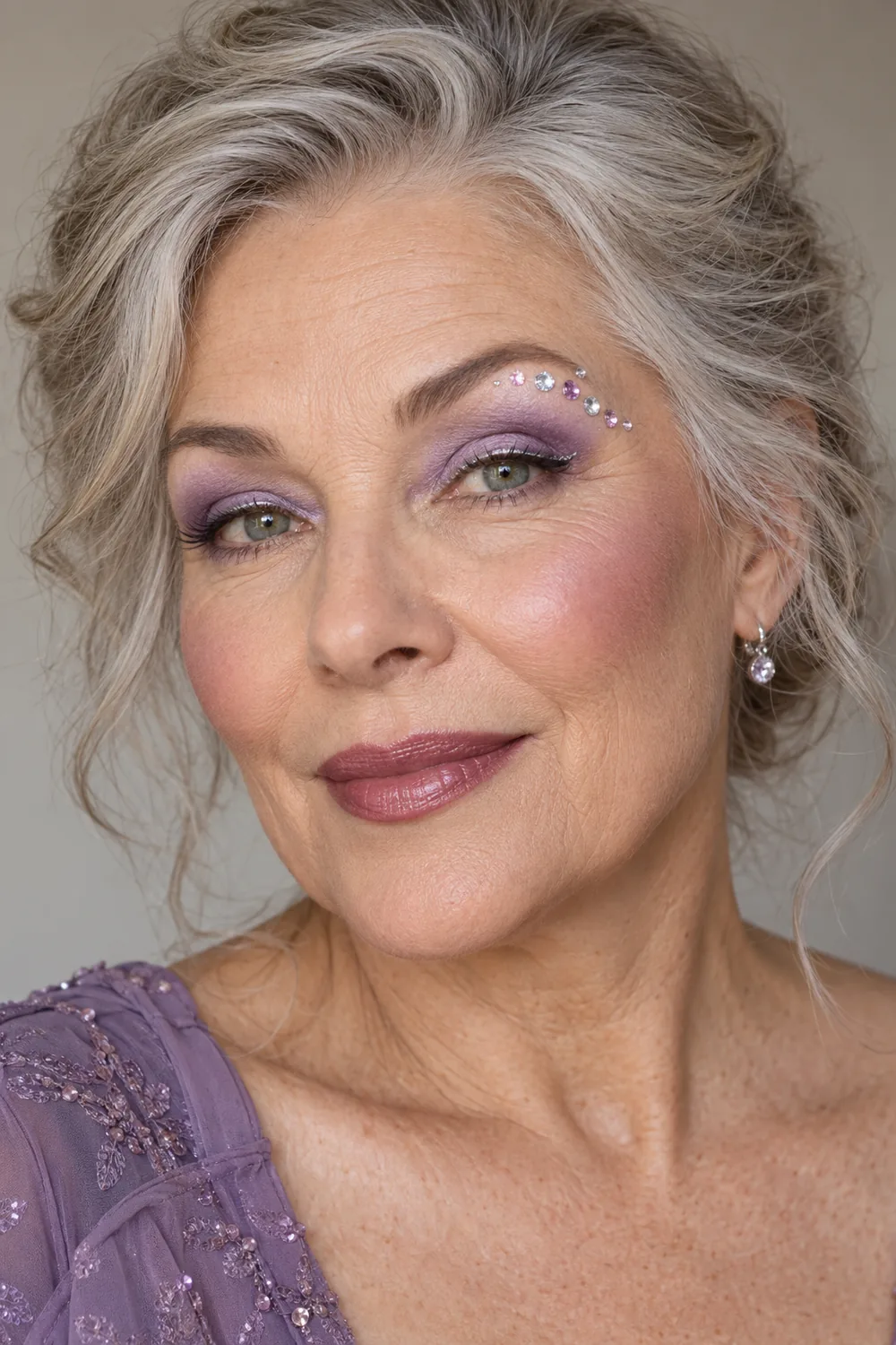Older woman with gray-green eyes, broad lavender shadow, fine silver liner, floating clear and lilac gems beneath the outer brow, high lilac blush, and satin plum lips.