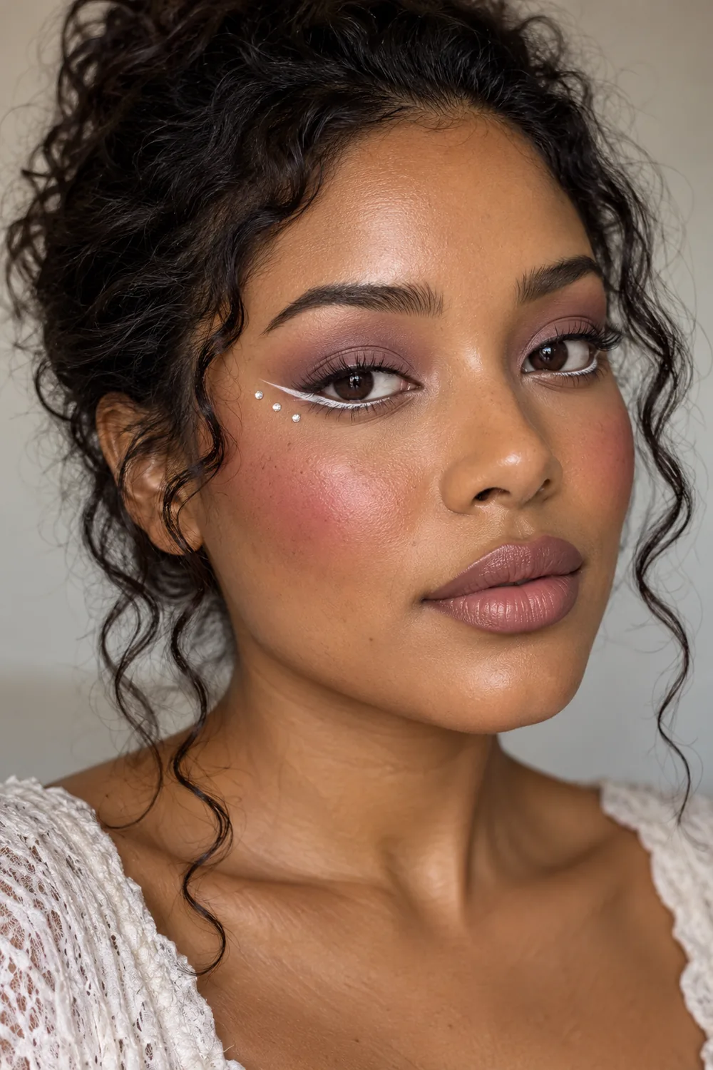 Photorealistic close-up portrait of an adult woman with warm brown skin, mauve eye shadow, a white lower-liner frame, three small gems at the outer eye, berry blush, and nude-mauve lips.