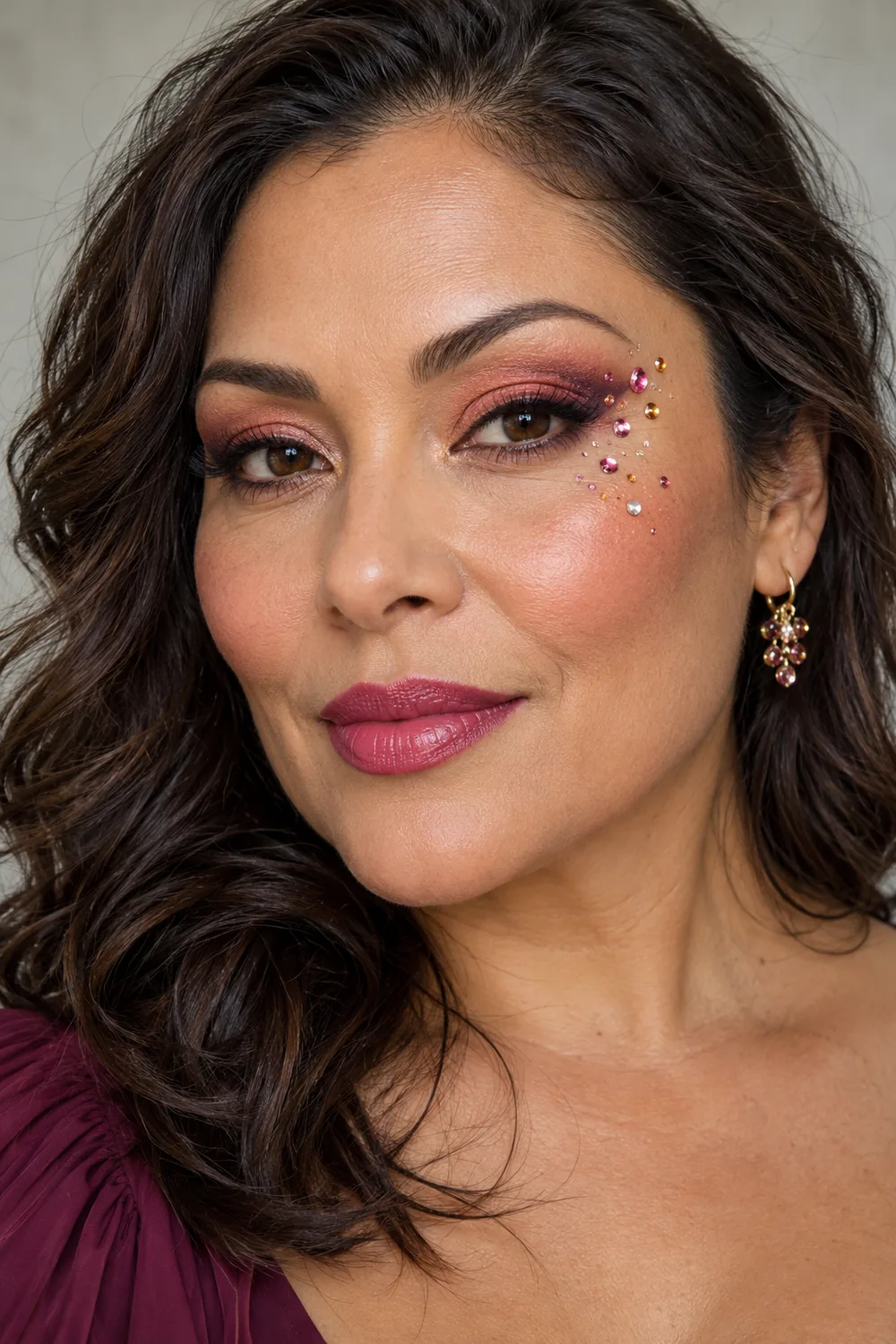 Adult woman with coral-to-plum eye shadow, fine plum liner, and pink, amber, and clear gems clustered at the outer eye and upper cheek; warm rose blush and berry lips.