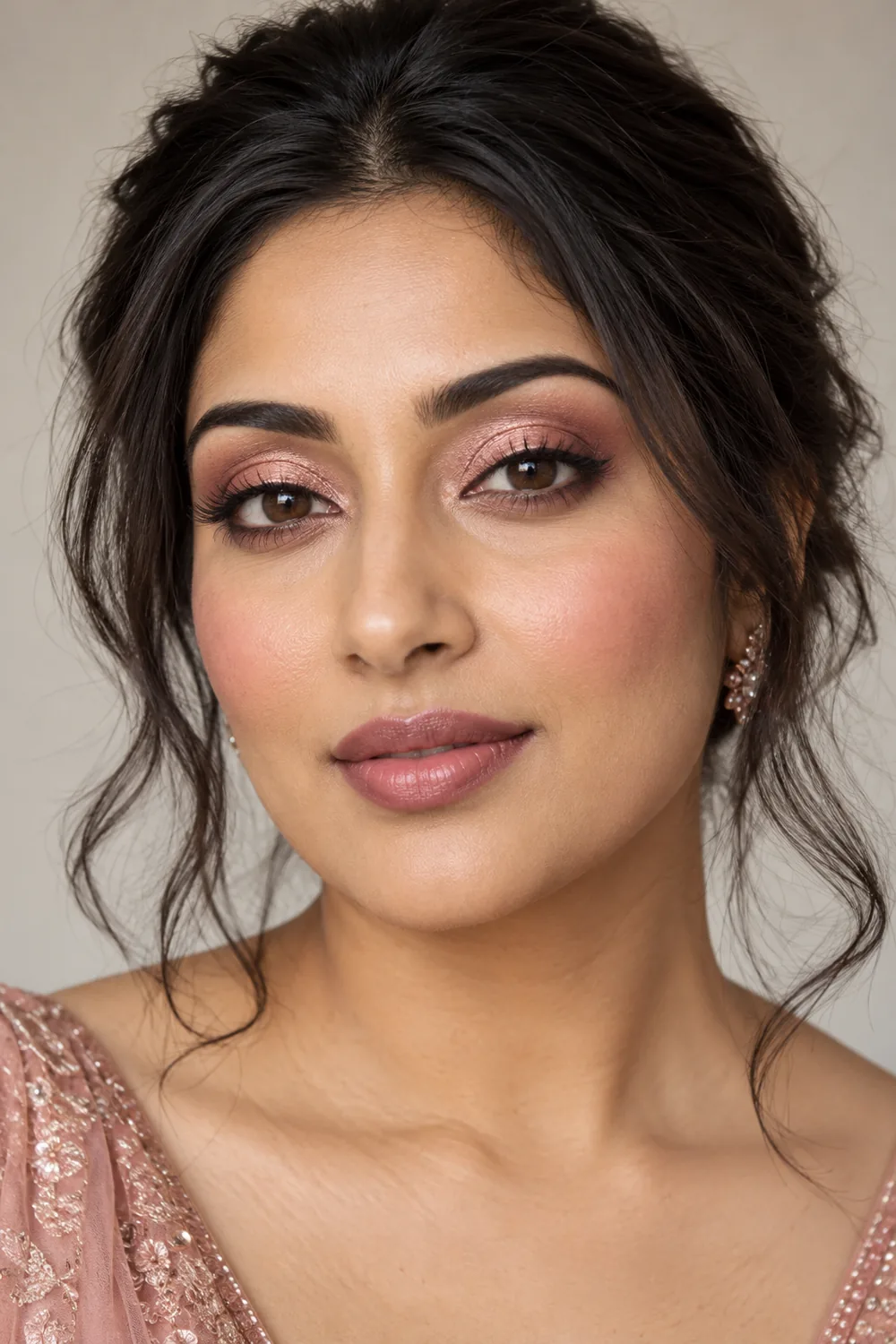 Fictional adult South Asian woman with champagne rose-gold eyelids, dusty-rose crease, fine brown lash-line definition, softly rounded pink blush, and a satin pink-nude lip.