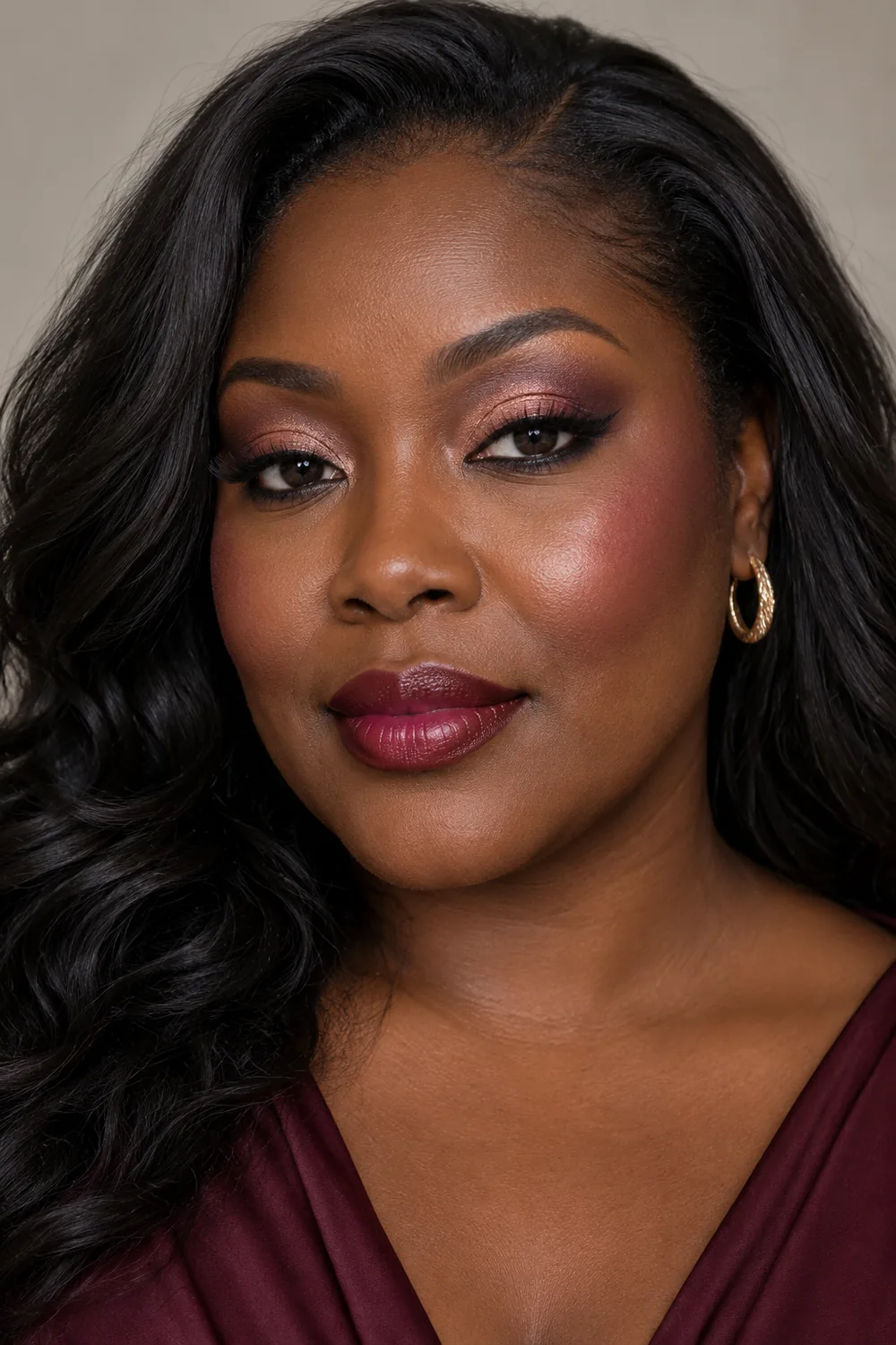 Fictional adult Black woman with rose-gold inner and center eyelids, plum-brown outer corners, high berry blush, and deep berry satin lips.