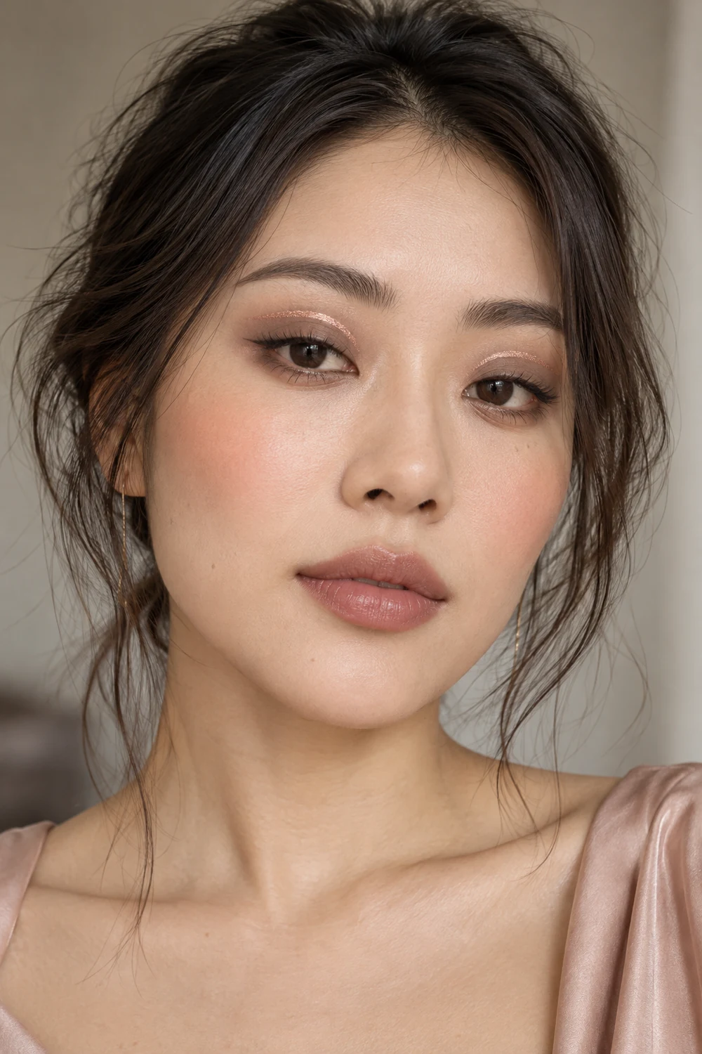 Photorealistic portrait of an adult East Asian woman wearing a thin floating rose-gold crease line, taupe lids, slim black liner, peach blush, and muted brown-pink satin lips.