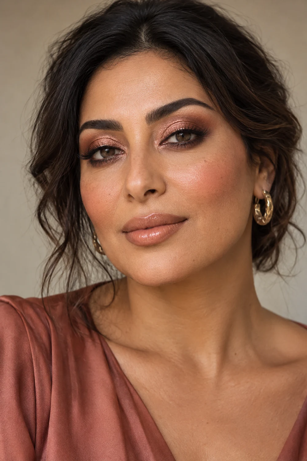 Adult woman with center-focused rose-gold eyeshadow, cocoa-smudged lower lashes, terracotta blush, and nude caramel lips.
