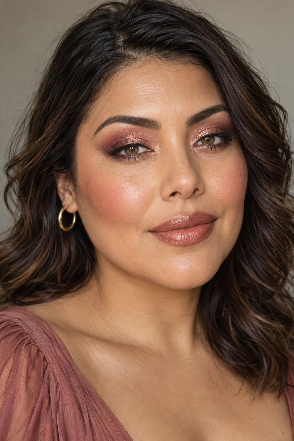 Adult woman with rose-gold shimmer centered on rose-bronze eyelids, softly swept warm rose blush, and rose-brown satin lips.