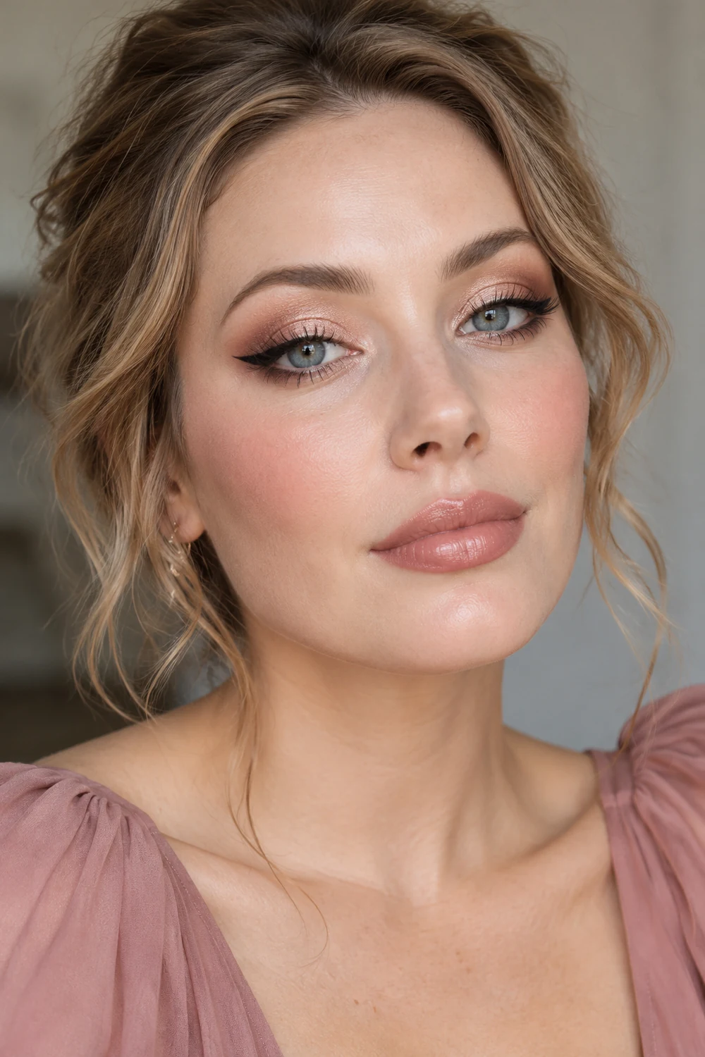 Adult woman with reflective rose-gold eyeshadow, elongated black cat-eye liner, high cool pink blush, and beige-rose satin lips.