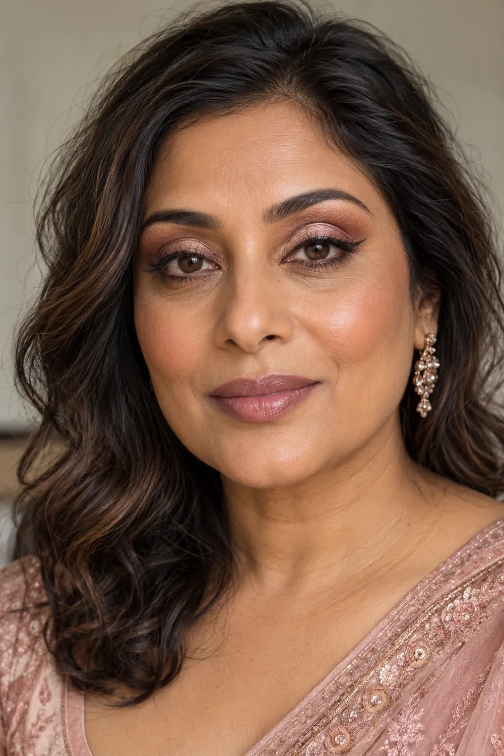 Photorealistic head-and-shoulders portrait of an adult Indian woman with pale rose-gold lids, rose-copper cut crease, warm sienna shadow, peach blush, and muted mauve lips.