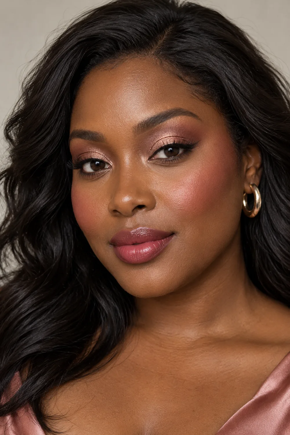 Close portrait of an adult Black woman with rose-gold shimmer lids, hazy rose crease, short brown liner, high diffused rose blush, and deeper satin rose lips.