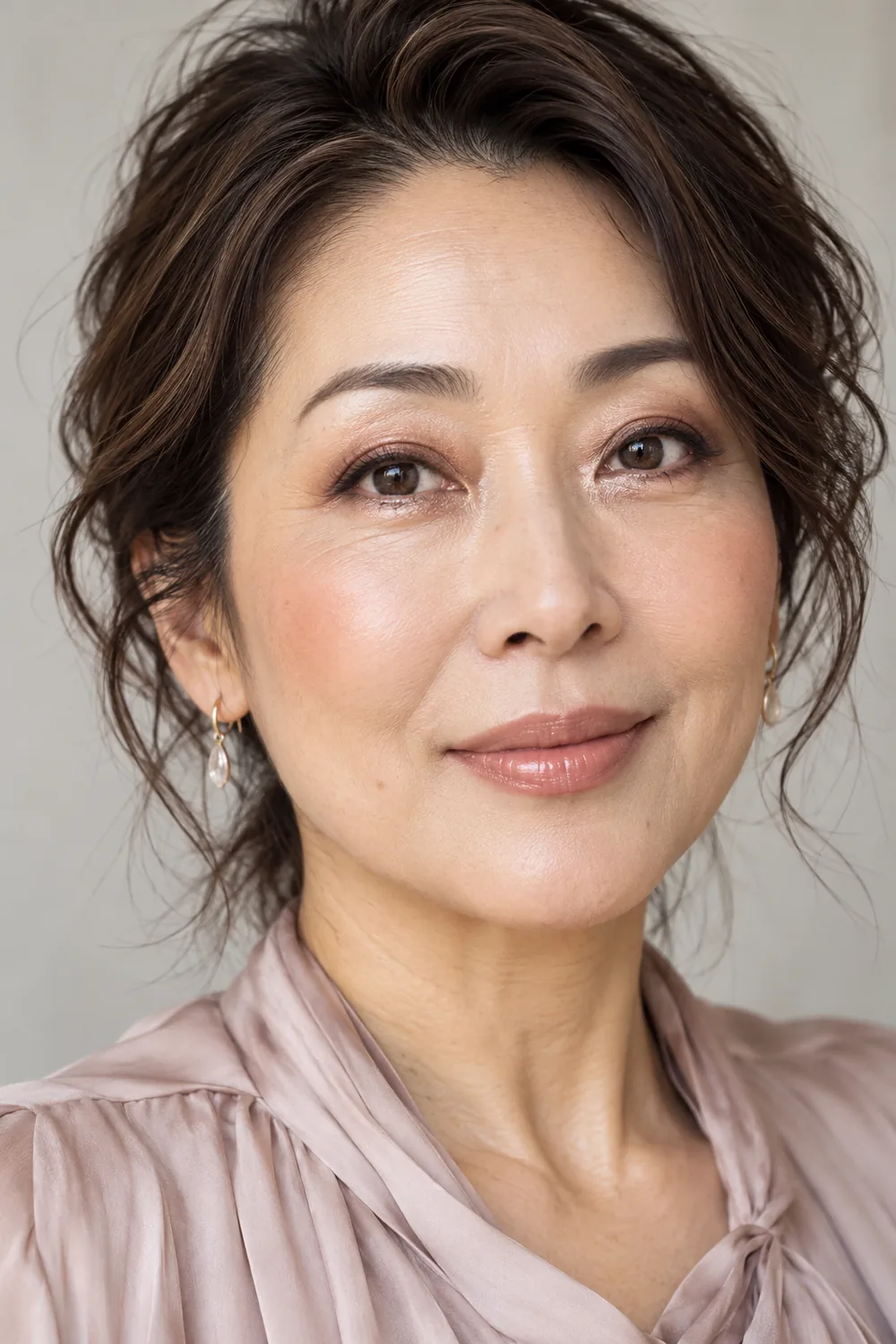 Close portrait of an adult Japanese woman with soft brown lids, rose-gold shimmer along the inner lower lash lines, apricot blush, and warm nude lips.