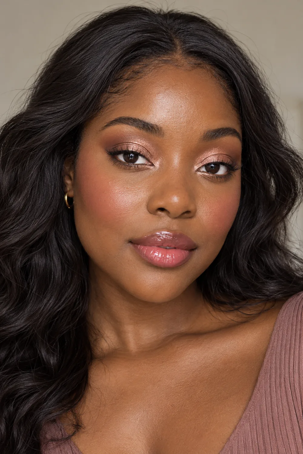 Photorealistic portrait of an adult Black woman with rose-gold shimmer lids, mauve creases, a small inner-corner flick, warm pink blush, and glossy rose lips.