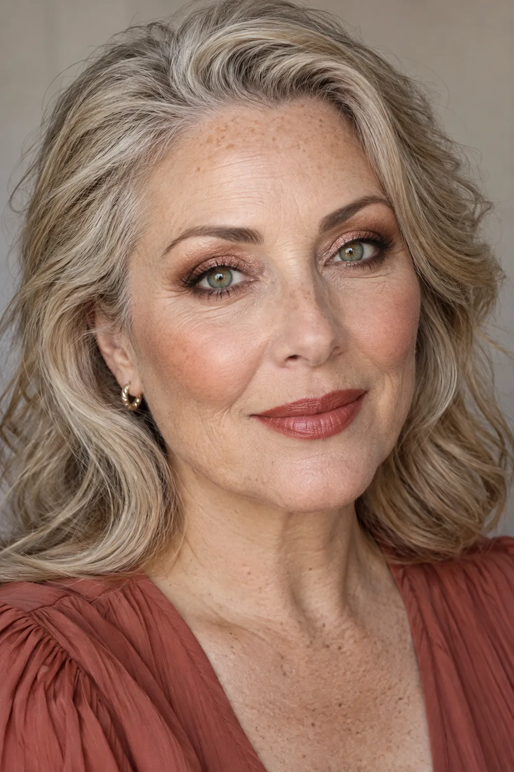 Fictional mature woman with fair freckled skin and green eyes, wearing rose-gold lids, bronze lower-lash shadow, rounded brown liner, terracotta blush, and brick-rose satin lipstick.