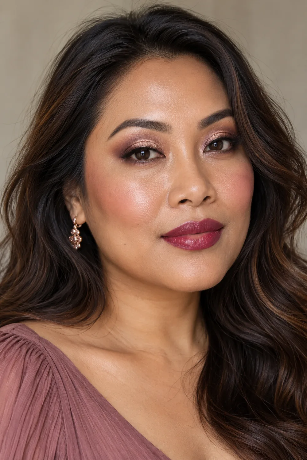 A fictional adult Southeast Asian woman with rose-gold center-lid shimmer, taupe eye shadow, mauve blush, and satin berry lipstick.