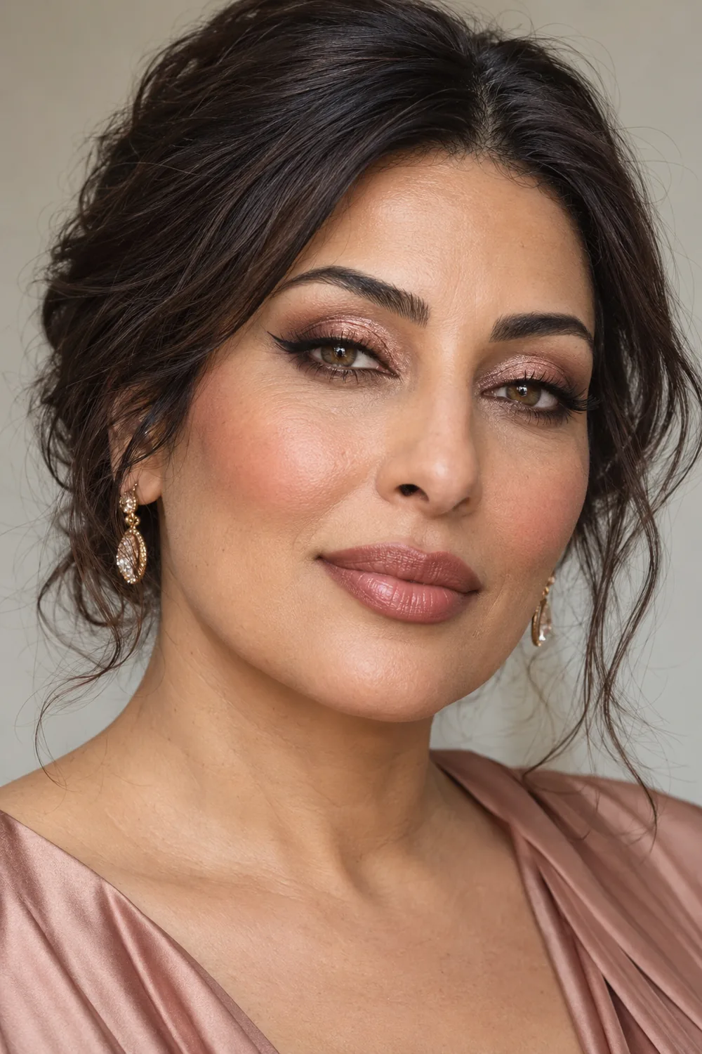 Close beauty portrait of an adult woman with rose-gold shimmer lids, espresso outer corners, slim black wings, warm rose blush, and caramel-rose lips.