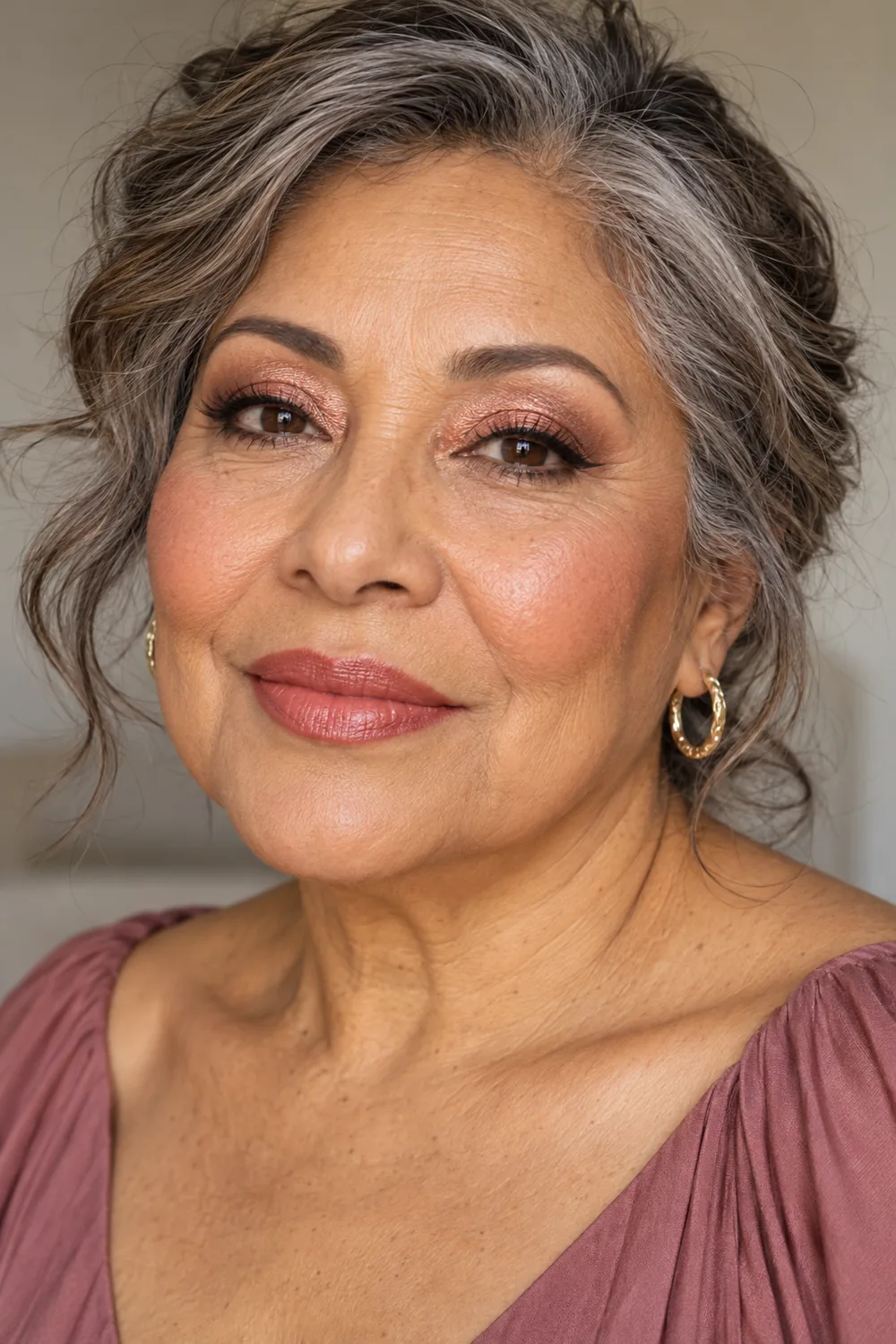 A fictional older Latina woman with diffused rose-gold eye shimmer, a tiny brown wing, rounded peach-rose blush, and rosewood satin lips.