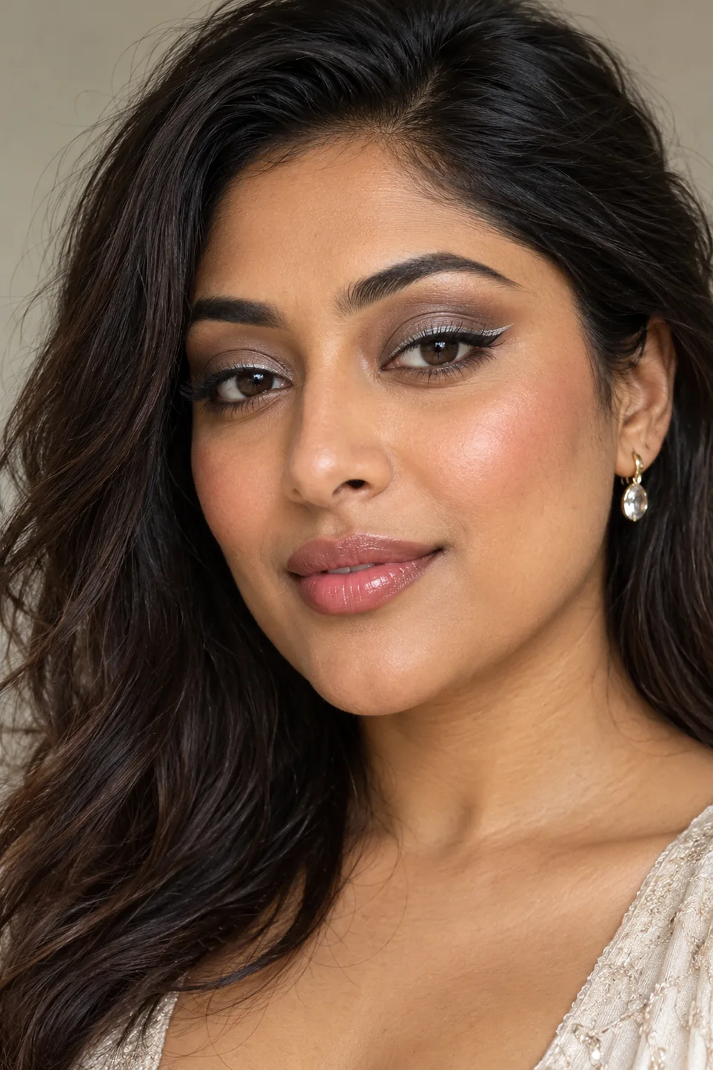 Fictional adult South Asian woman with taupe shadow, a fine silver upper-lash wing, peach blush, and sheer rose lips.