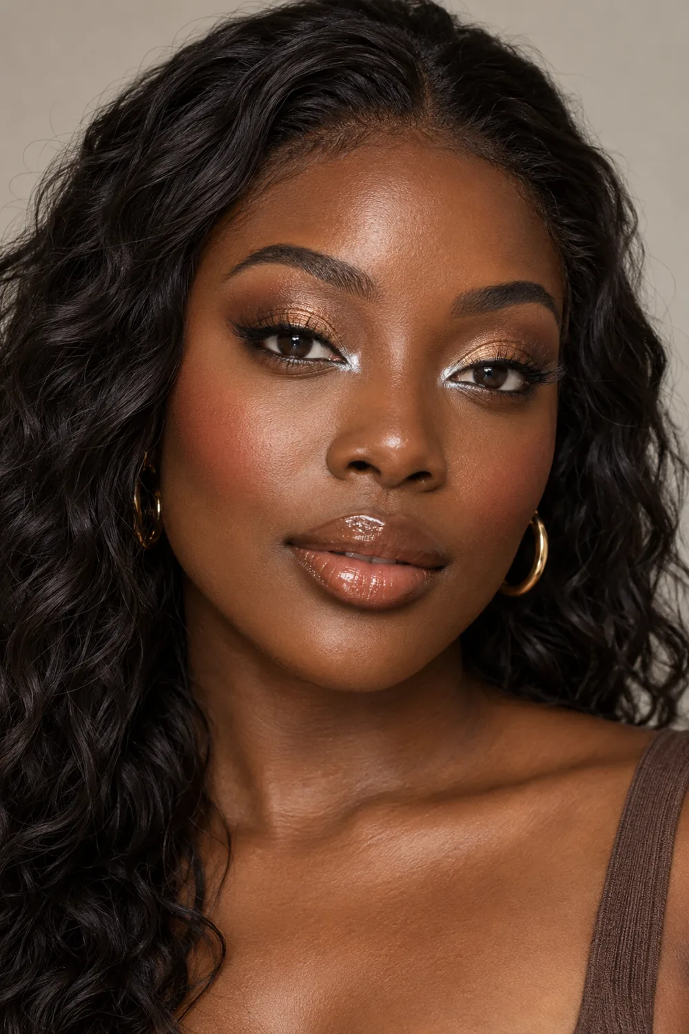 Fictional adult Black woman with deep espresso skin wearing bronze shimmer shadow, pointed silver inner-corner liner, terracotta blush, and caramel gloss.