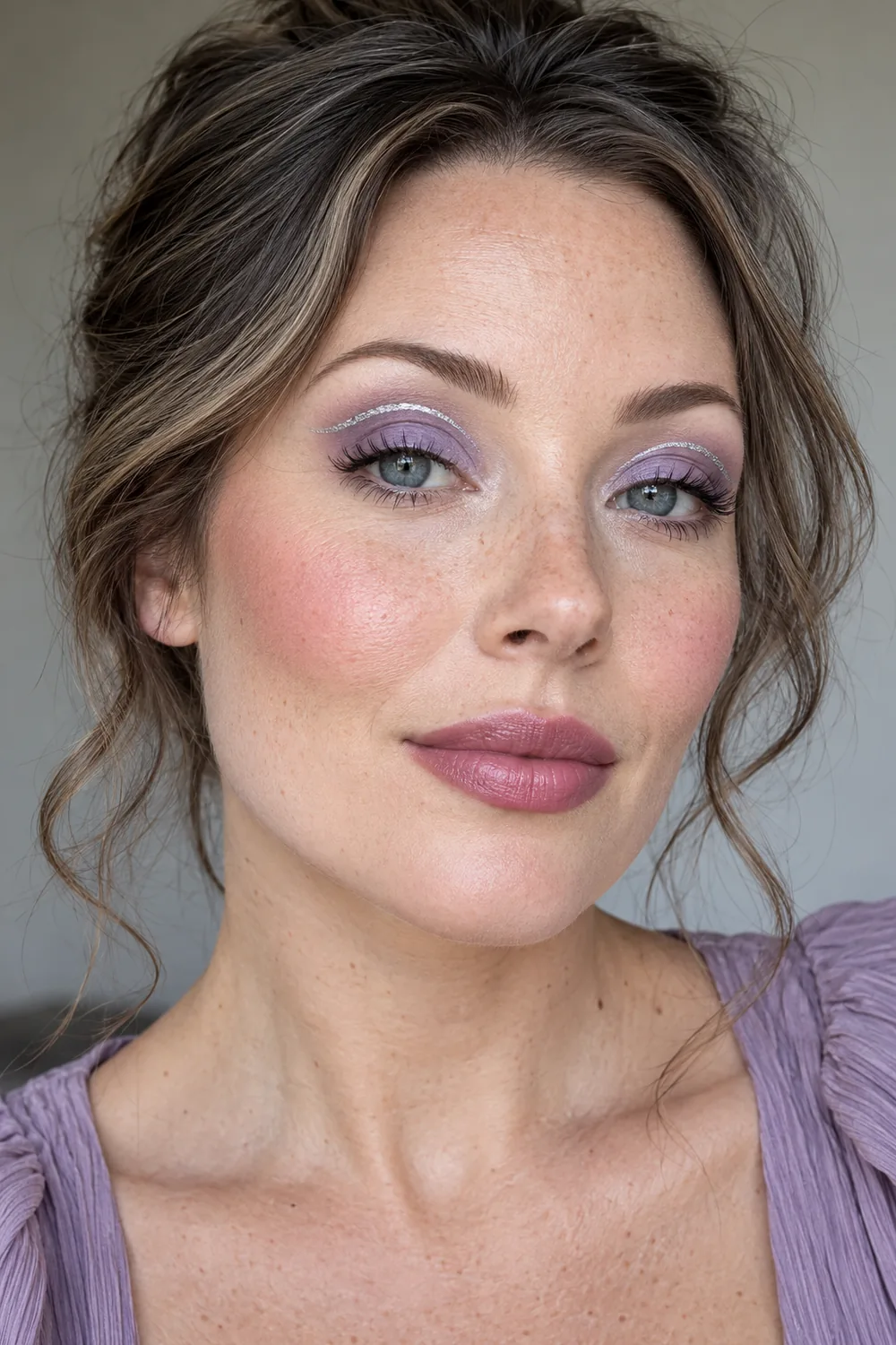 Beauty portrait of an adult woman with gray-blue eyes, freckles, lavender shadow, curved floating silver eyeliner, pink blush, and mauve satin lips.