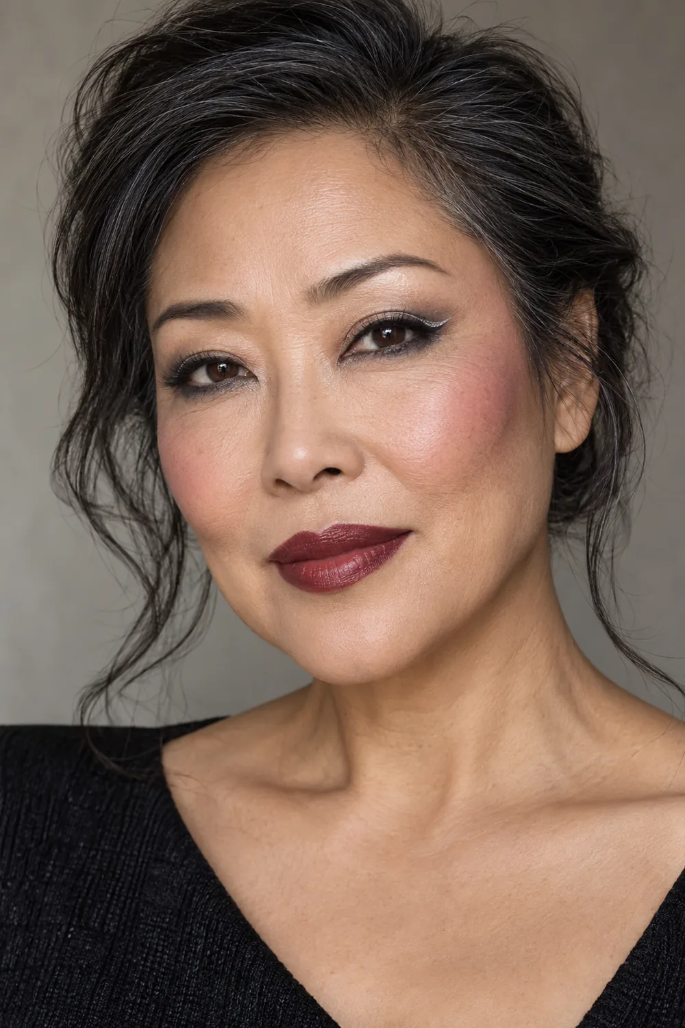 Adult East Asian woman with a short silver eyeliner flick, smudged charcoal lower lashes, plum blush, and deep wine satin lipstick.