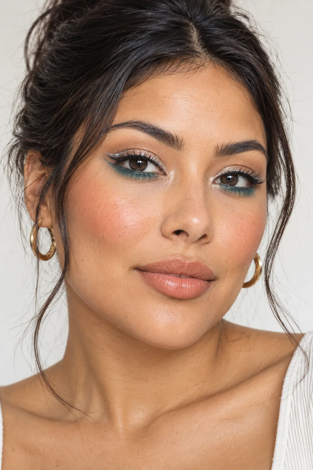 Vertical beauty portrait of an adult woman with silver upper eyeliner, teal lower-lash shadow, warm beige eyeshadow, apricot blush, and nude peach lips.