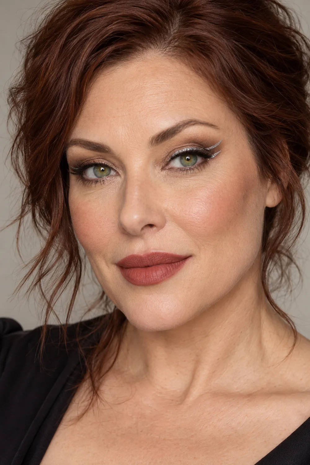 Fictional adult woman with green eyes, dark auburn hair, cocoa outer-lid shadow, open-bracket silver eyeliner, beige blush, and muted brick lips.