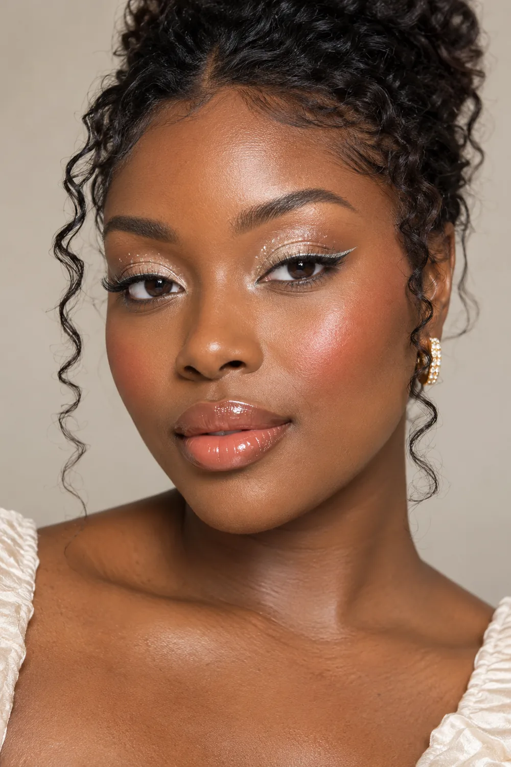 Fictional adult Black woman with champagne shimmer flecks, a level silver eyeliner wing, coral blush, and glossy apricot lips.