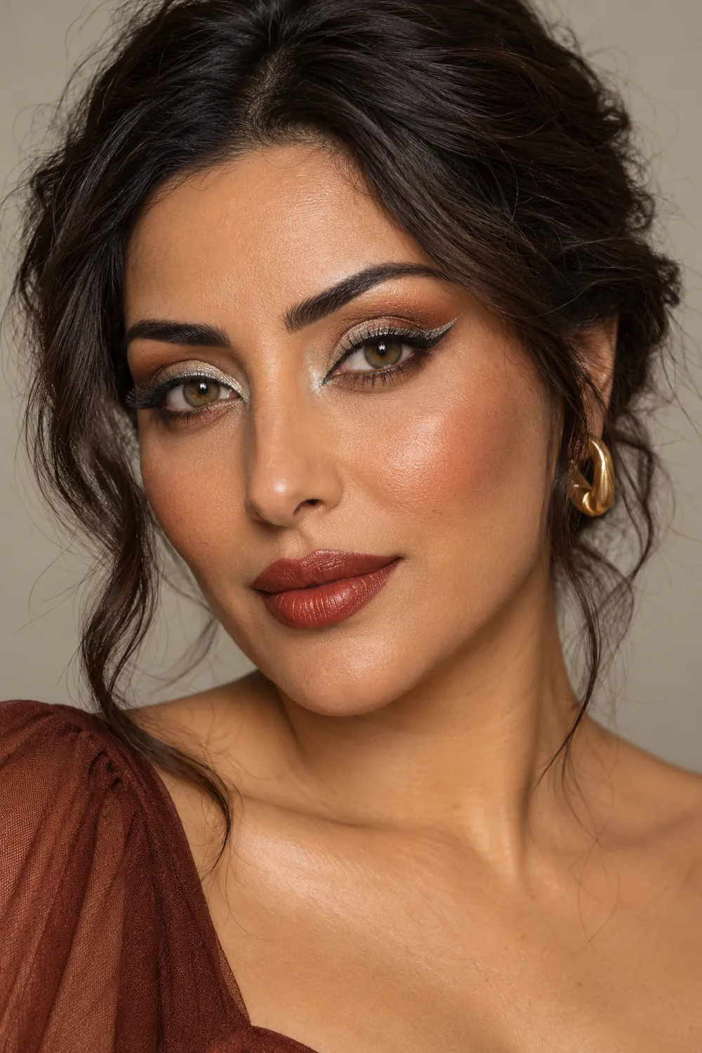 Close portrait of an adult woman with hazel eyes, copper outer-corner shadow, a reflective silver winged liner, cinnamon blush, and brown-red satin lipstick.