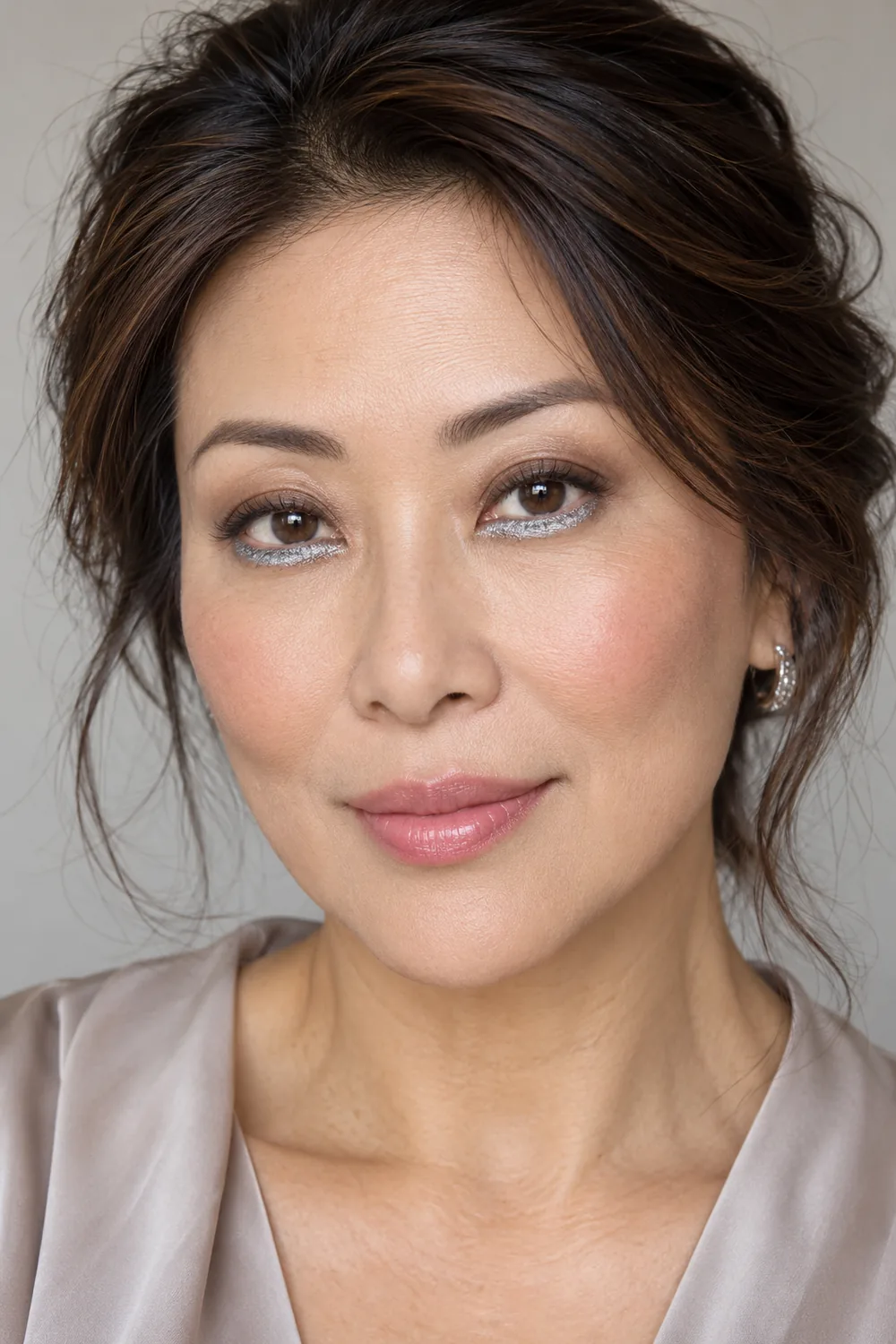 Close vertical beauty portrait of an adult East Asian woman wearing silver liner beneath the lower lashes, taupe upper shadow, rose blush, and pale pink satin lipstick.