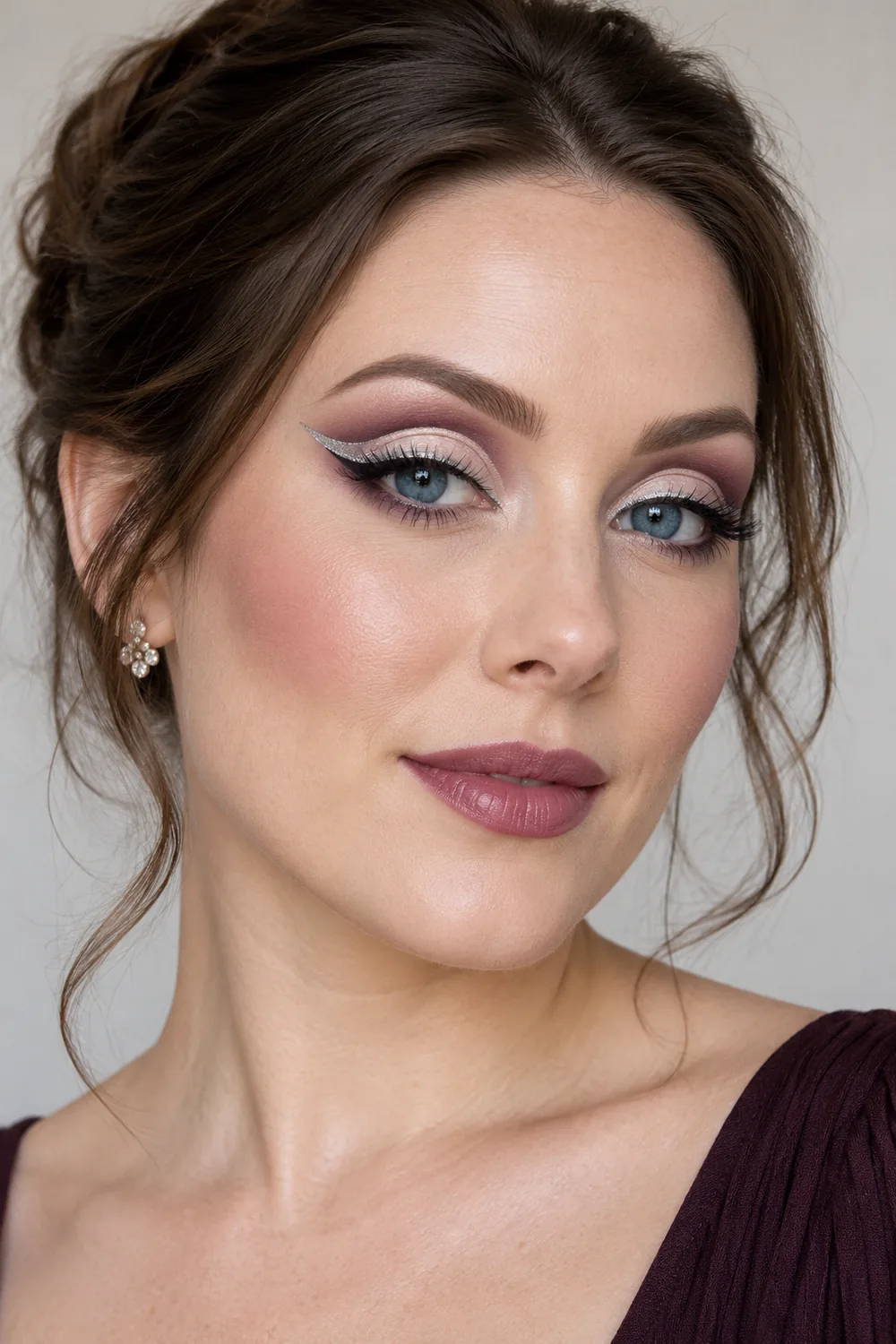 Adult woman with blue eyes wearing plum cut-crease shadow, silver winged eyeliner, mauve blush, and a soft plum lip stain.