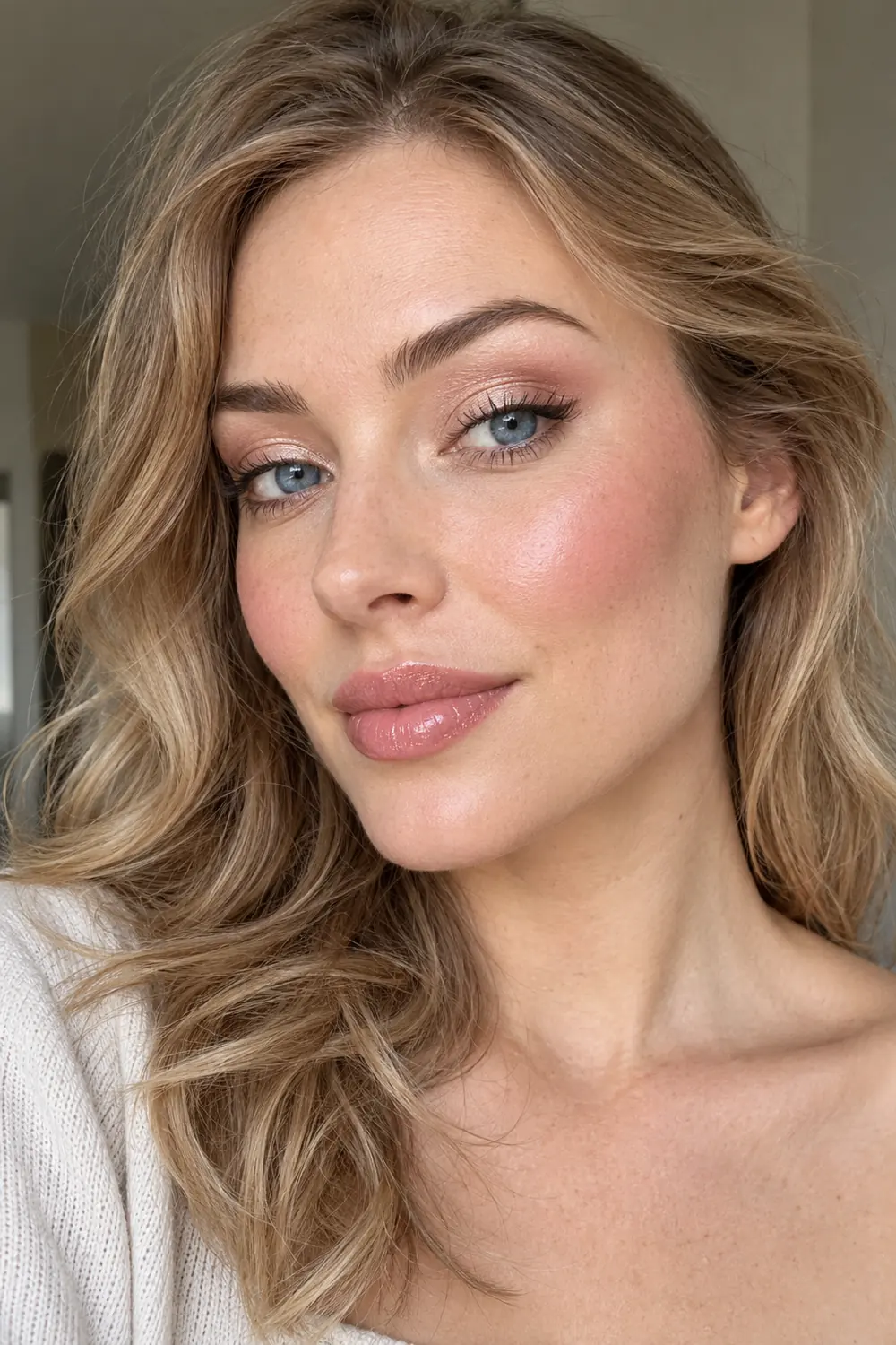 Close portrait of an adult woman with blue eyes, dark blonde hair, champagne lid shimmer, rose crease shadow and blush, fine brown liner, and cool pink gloss.
