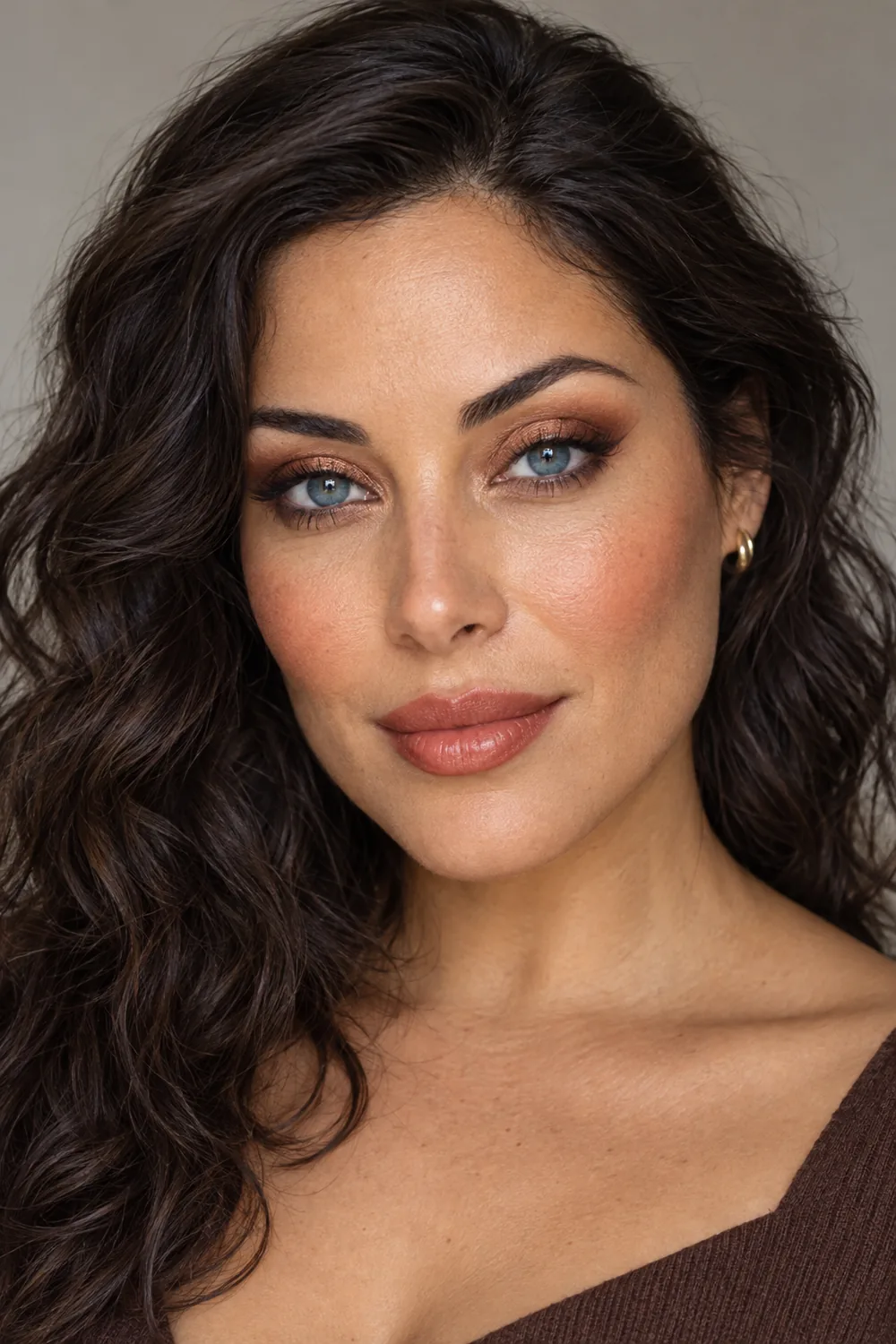 Adult woman with clearly visible blue eyes, copper halo eyeshadow, a short brown wing, peach blush, and muted terracotta satin lipstick.