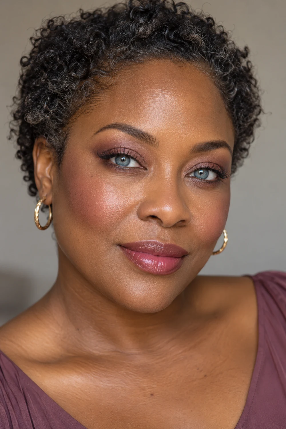 Adult woman with short natural curls and blue eyes wearing mauve crease and lower-lash shadow, plum-brown tight liner, cool pink blush, and berry-rose satin lipstick.
