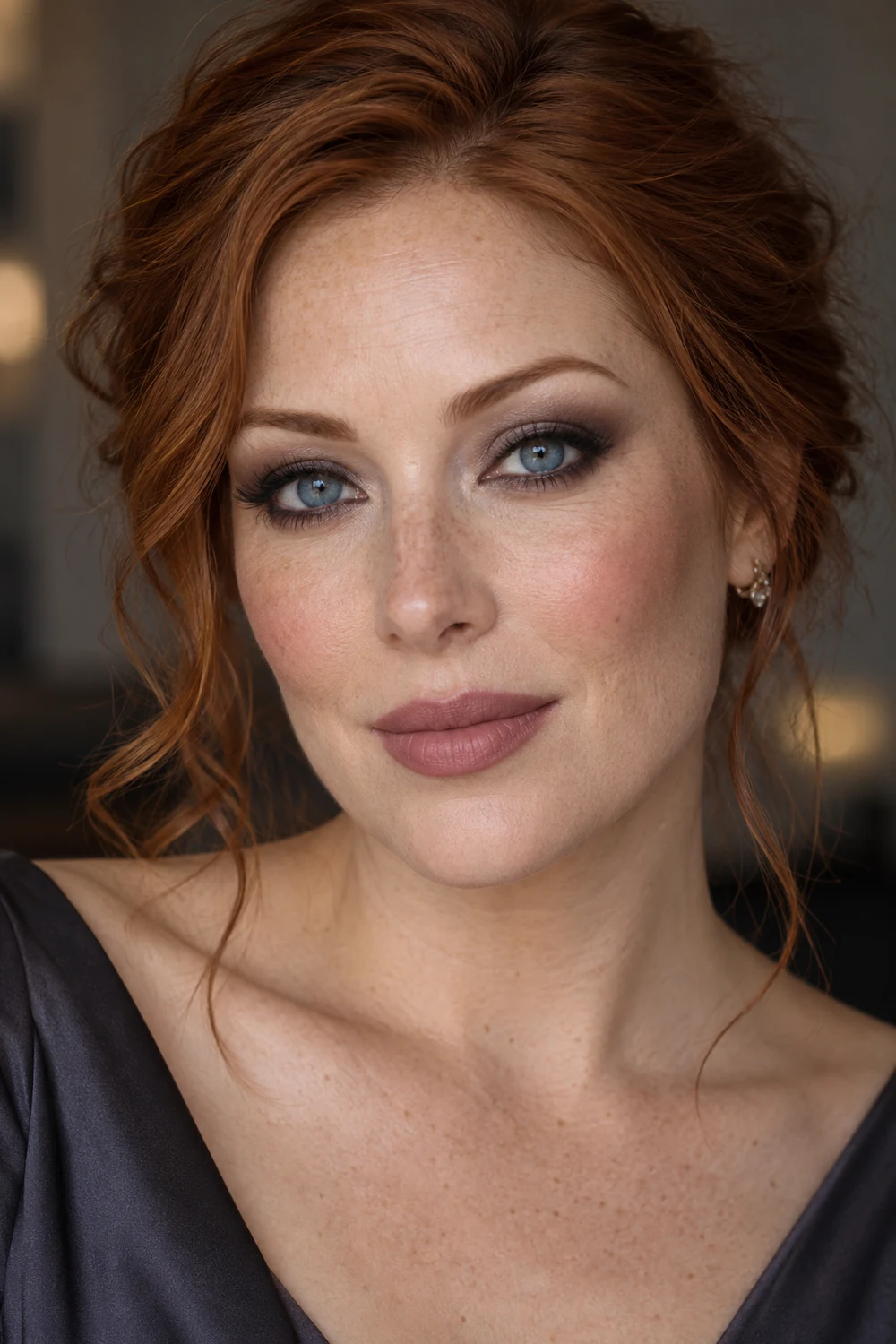 Fictional adult woman with blue eyes and auburn hair wearing rounded slate smoky eyeshadow, smudged charcoal liner, rosewood blush, and muted mauve lipstick.