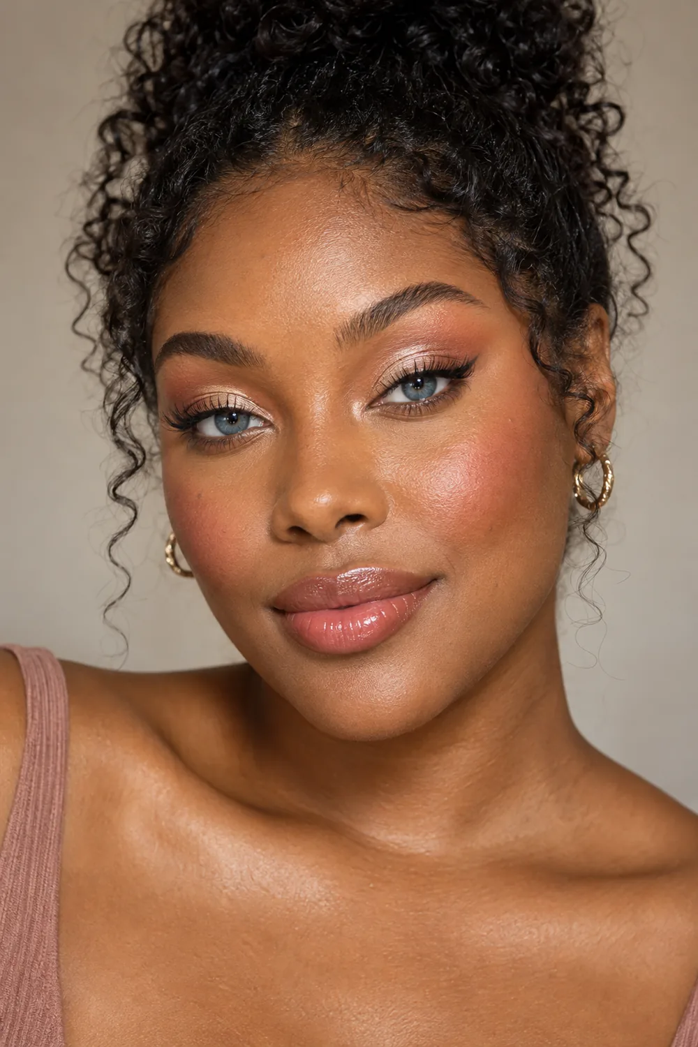 Close beauty portrait of an adult woman with blue eyes, coiled hair styled up, peach and vanilla shimmer eye makeup, a small brown liner flick, coral blush, and pink gloss.