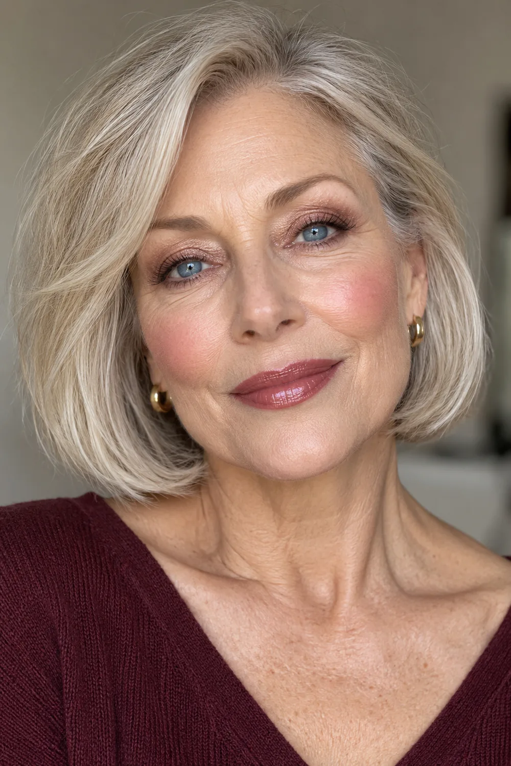 Mature woman with blue eyes and a silver-blonde bob wearing rose-gold shimmer, cocoa crease shading, brown liner, berry blush, and glossy rosewood lipstick.