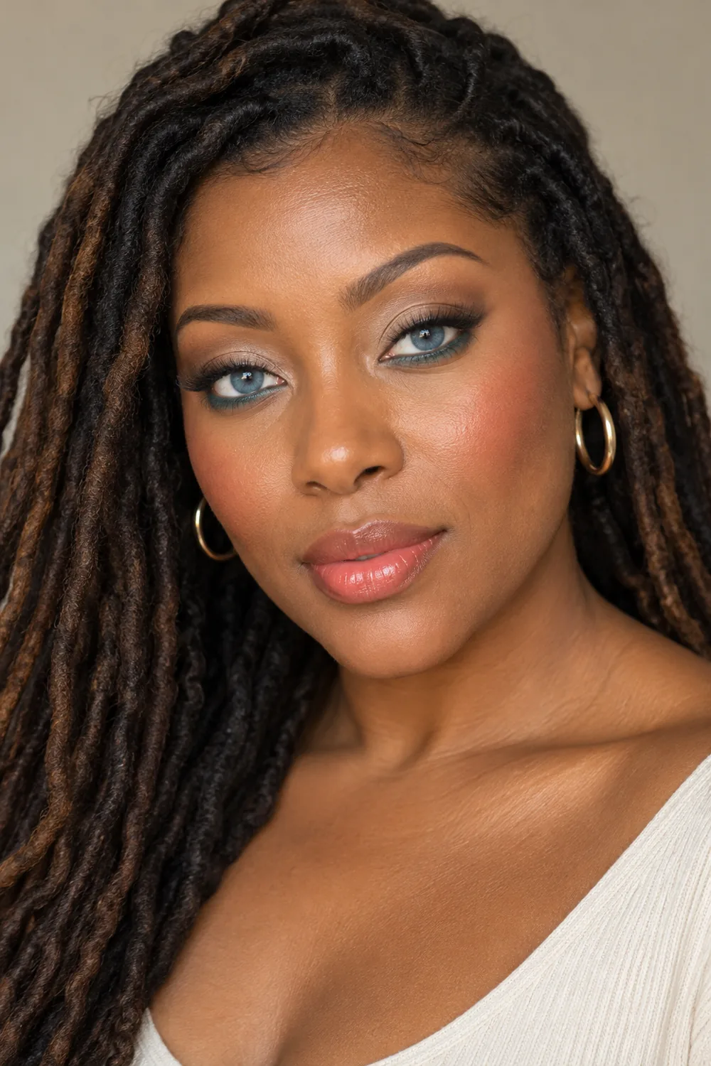 Adult woman with long locs and blue eyes wearing beige-taupe lids, teal lower-lash shadow, soft brown liner, peach-rose blush, and sheer coral lipstick.
