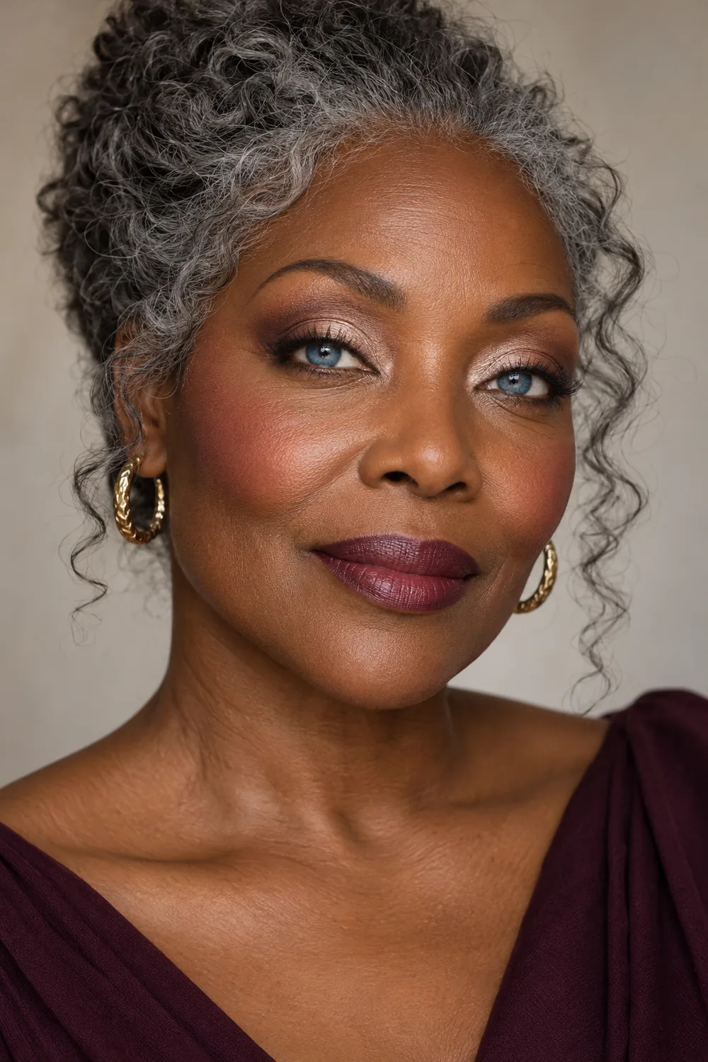 Mature woman with deep ebony skin, blue eyes, gray-black hair, chocolate crease shadow, champagne inner lids, rosewood blush, and a plum lip stain.