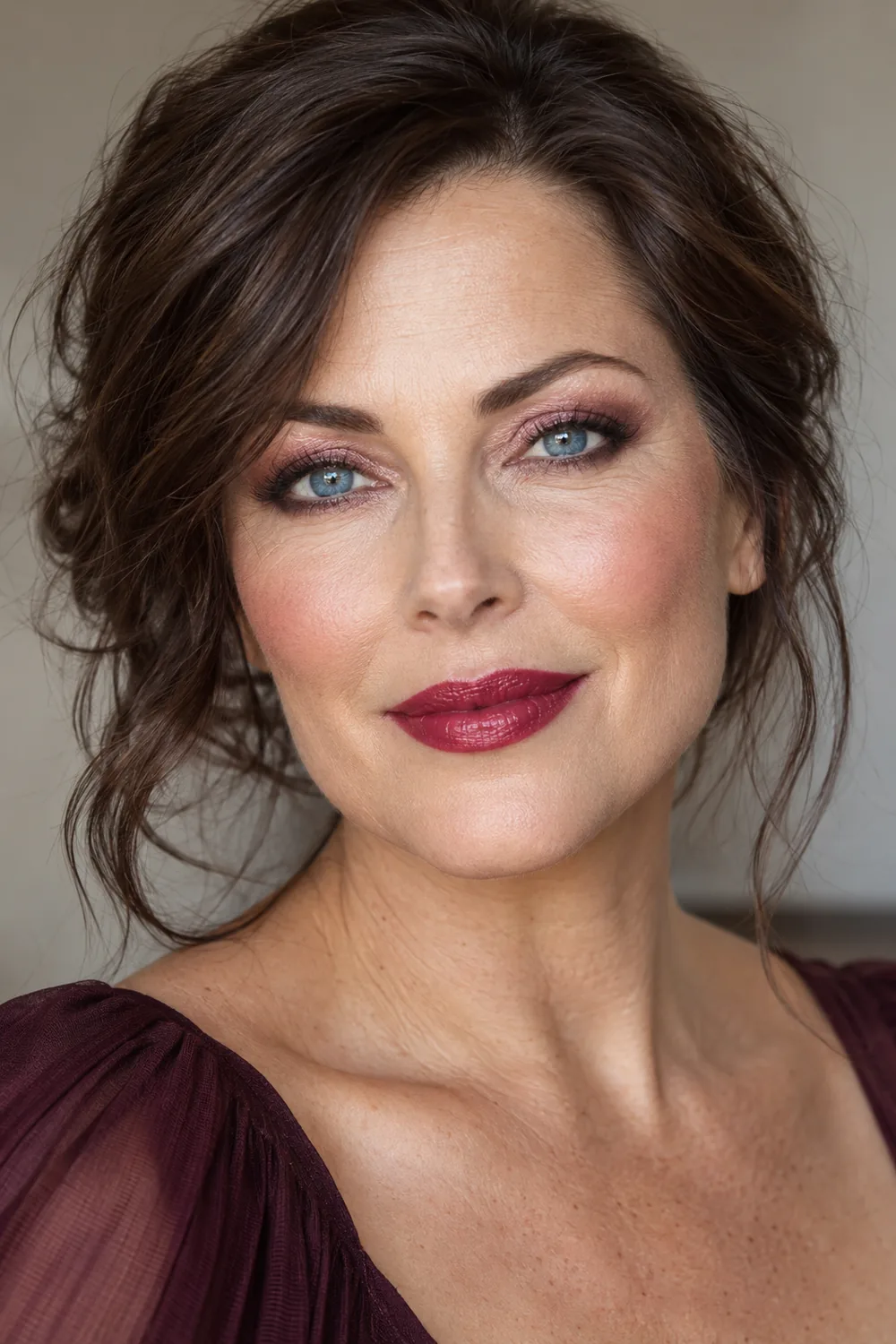 Adult woman with blue eyes and dark brown hair wearing rosy-taupe halo shadow, plum-brown lash framing, pink blush, and cranberry satin lipstick.
