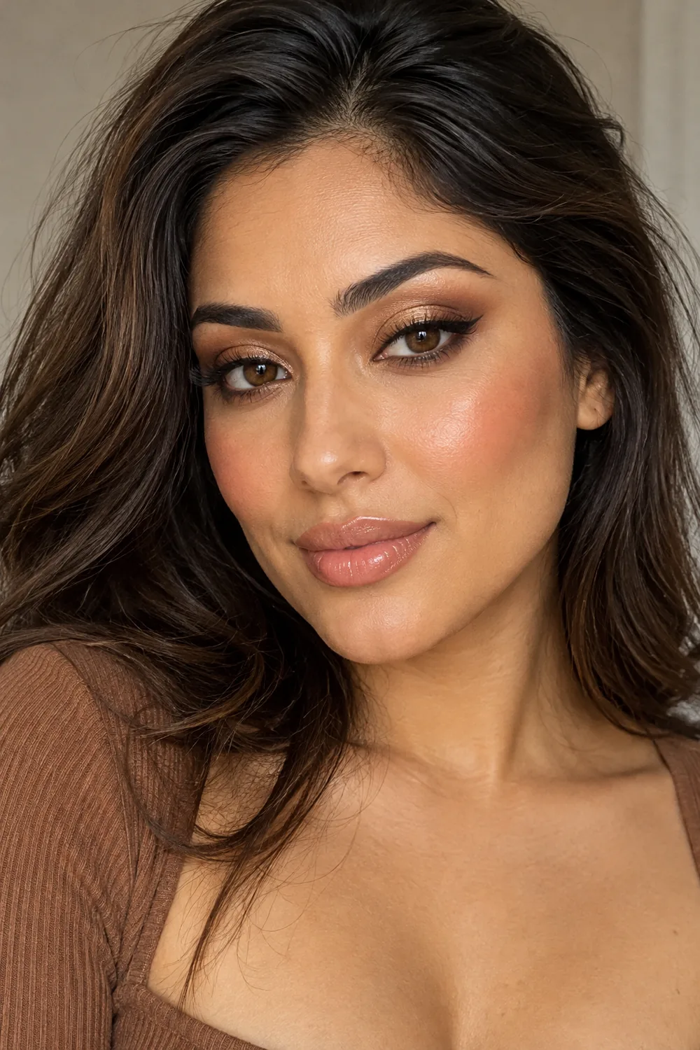Fictional adult woman with clearly visible brown eyes, bronze halo eyeshadow, a fine brown wing, peach blush, and satin nude-peach lips.