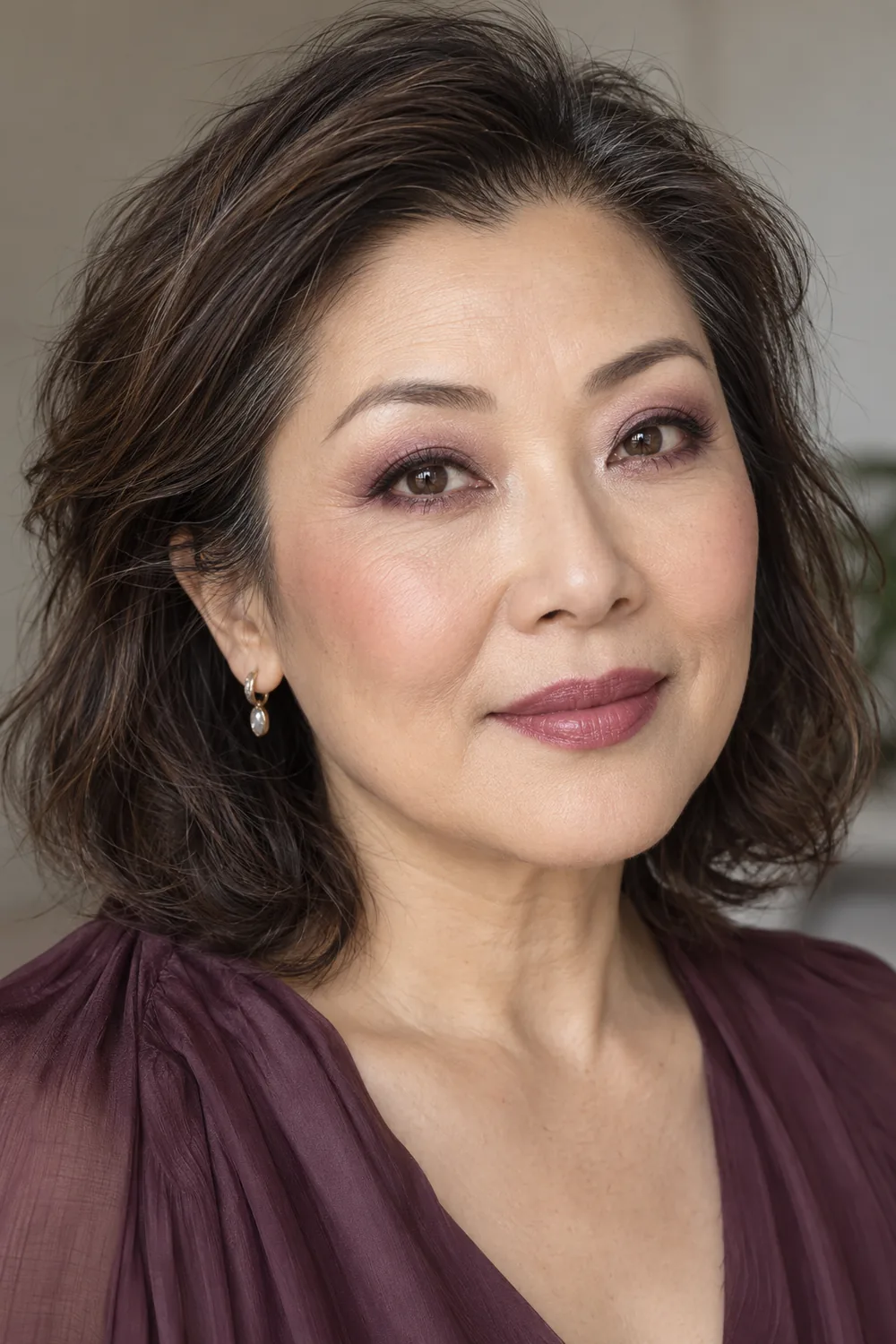 Portrait of an adult East Asian woman with brown eyes, mauve shadow, plum lower-lash definition, straight upper liner, dusty rose blush, and muted berry lips.