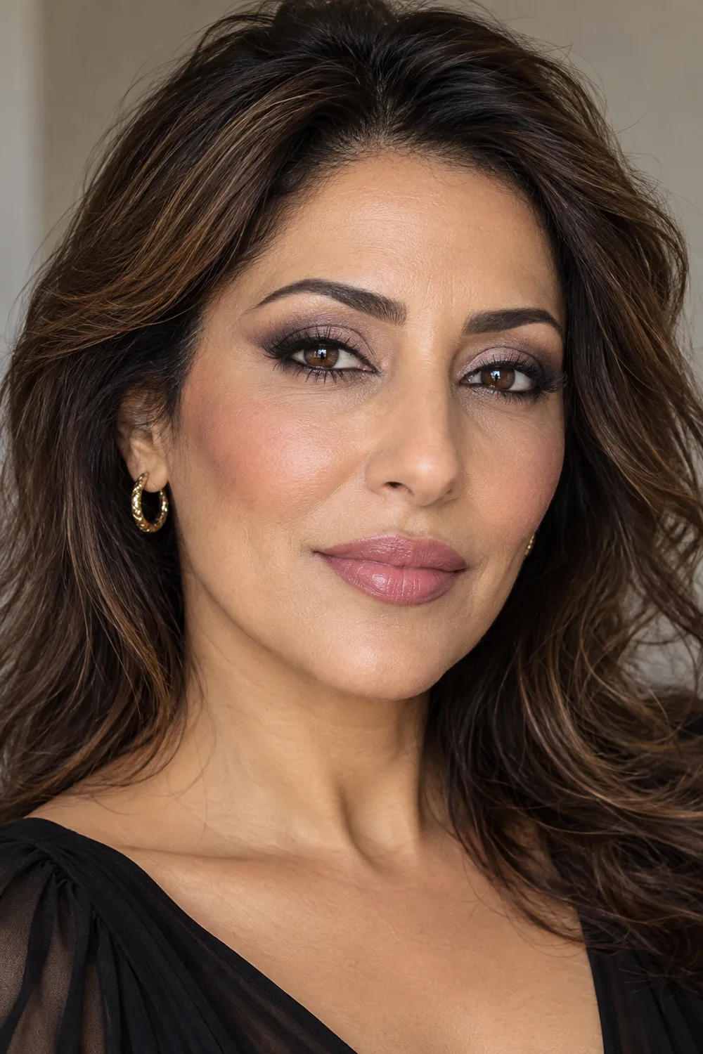 Beauty portrait of an adult woman with brown eyes, taupe and charcoal smoky shadow, smudged liner, mauve blush, and cool pink satin lipstick.