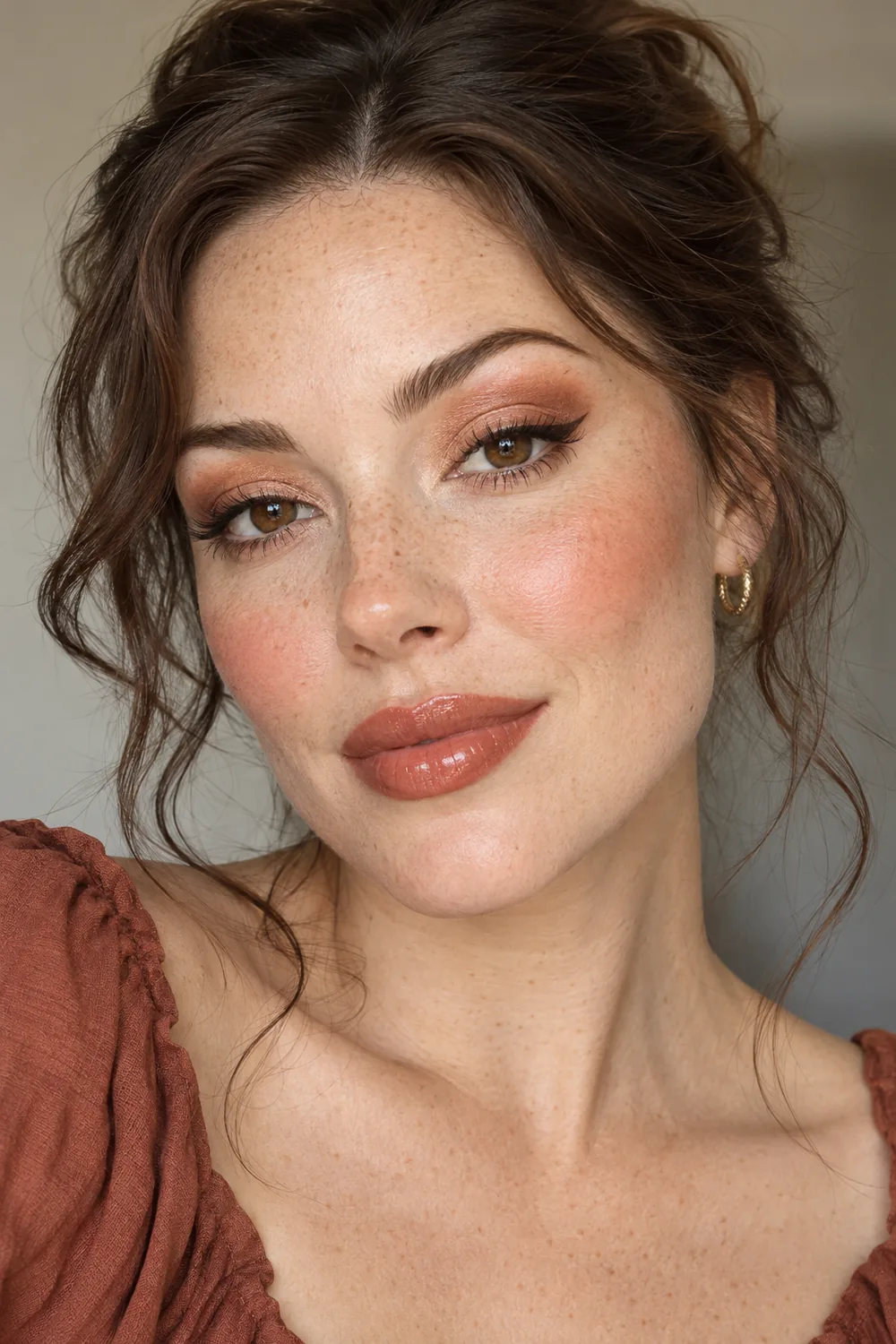 Close portrait of a freckled adult woman with brown eyes, copper crease shadow, peach lids, fine brown flicks, warm rose blush, and glossy terracotta lips.