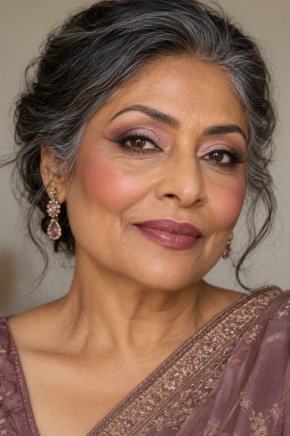 Close portrait of an older South Asian woman with brown eyes, diffused mauve winged shadow, pale pink inner-lid sheen, thin lifted liner, cool rose blush, and plum-rose satin lips.