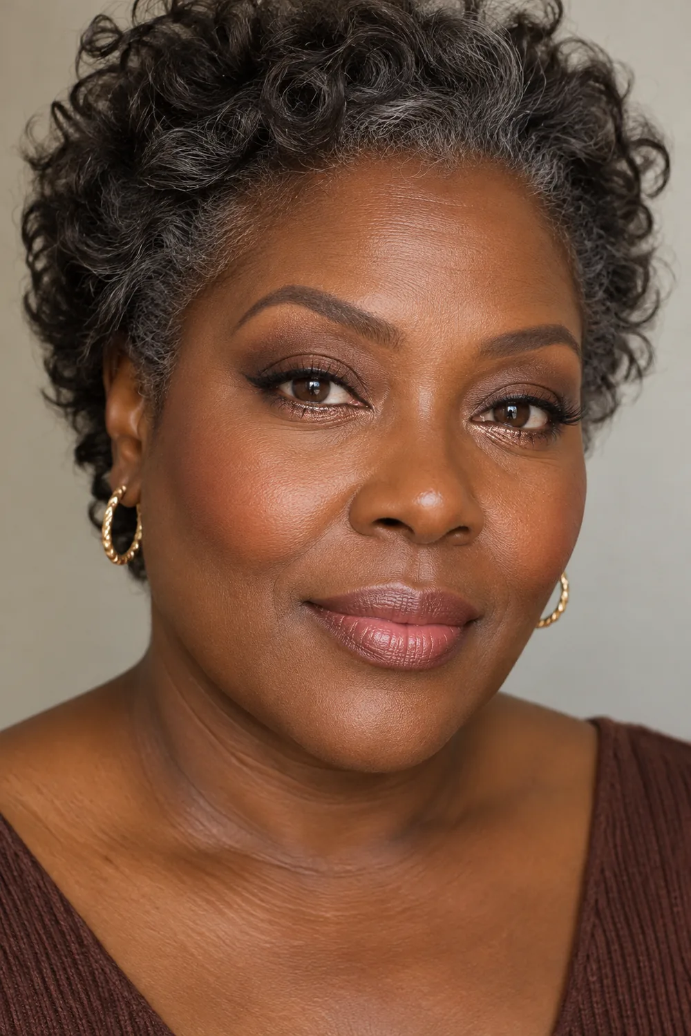 Close portrait of a mature Black woman with brown eyes, cocoa eyeshadow, rose-gold shimmer beneath her lower lashes, a subtle eyeliner flick, apricot blush, and rosy beige satin lips.