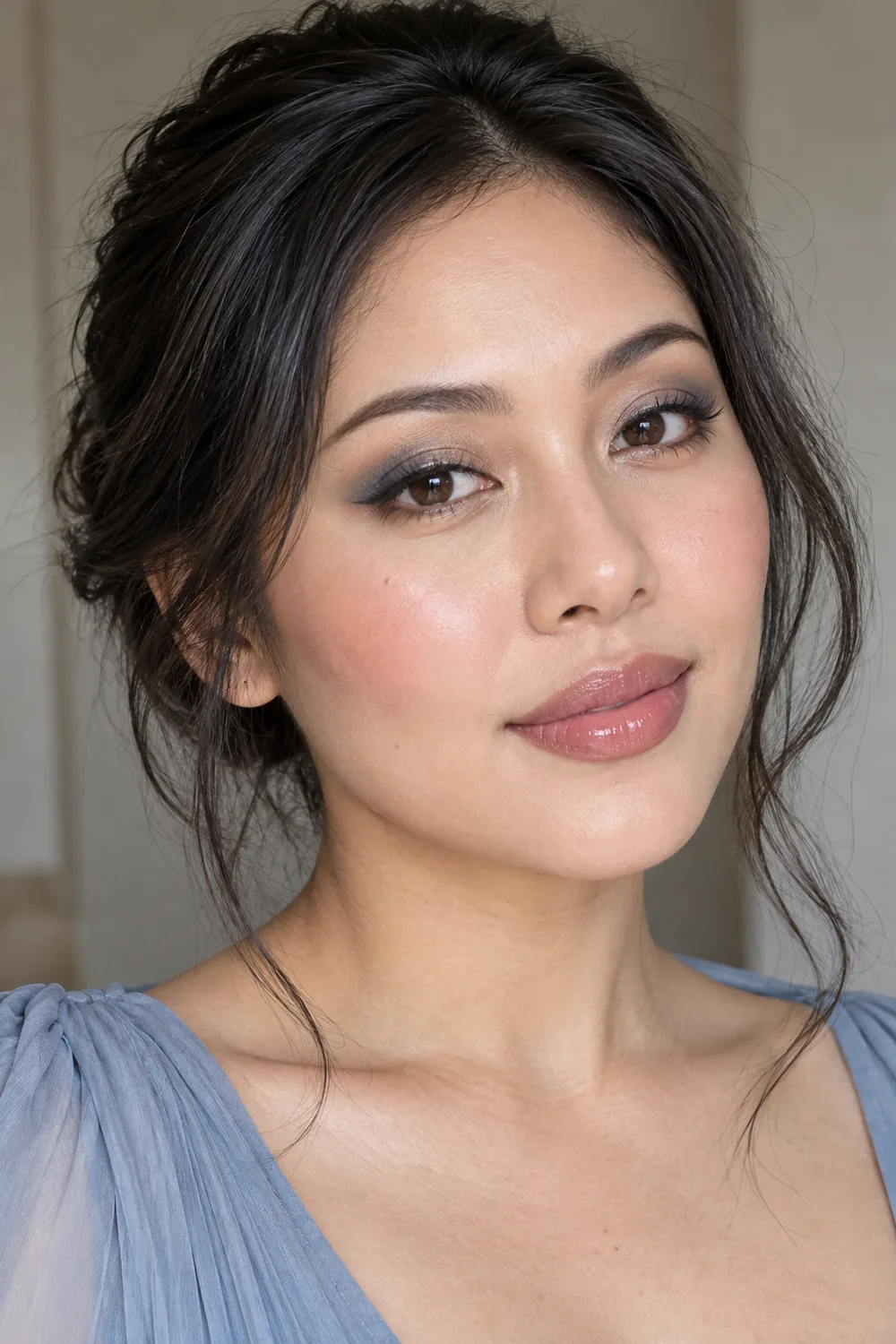 Beauty portrait of an adult woman with brown eyes, muted blue-gray outer-lid shadow blended with beige taupe, fine brown lash-line liner, soft pink blush, and sheer mauve gloss.