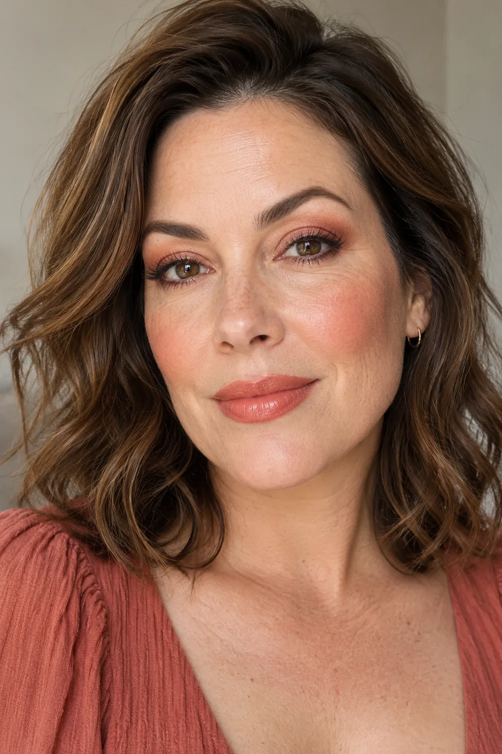 Close beauty portrait of a freckled adult woman with brown eyes, layered peach and apricot shadow, softly blended brown liner, peach-rose blush, and warm coral satin lipstick.