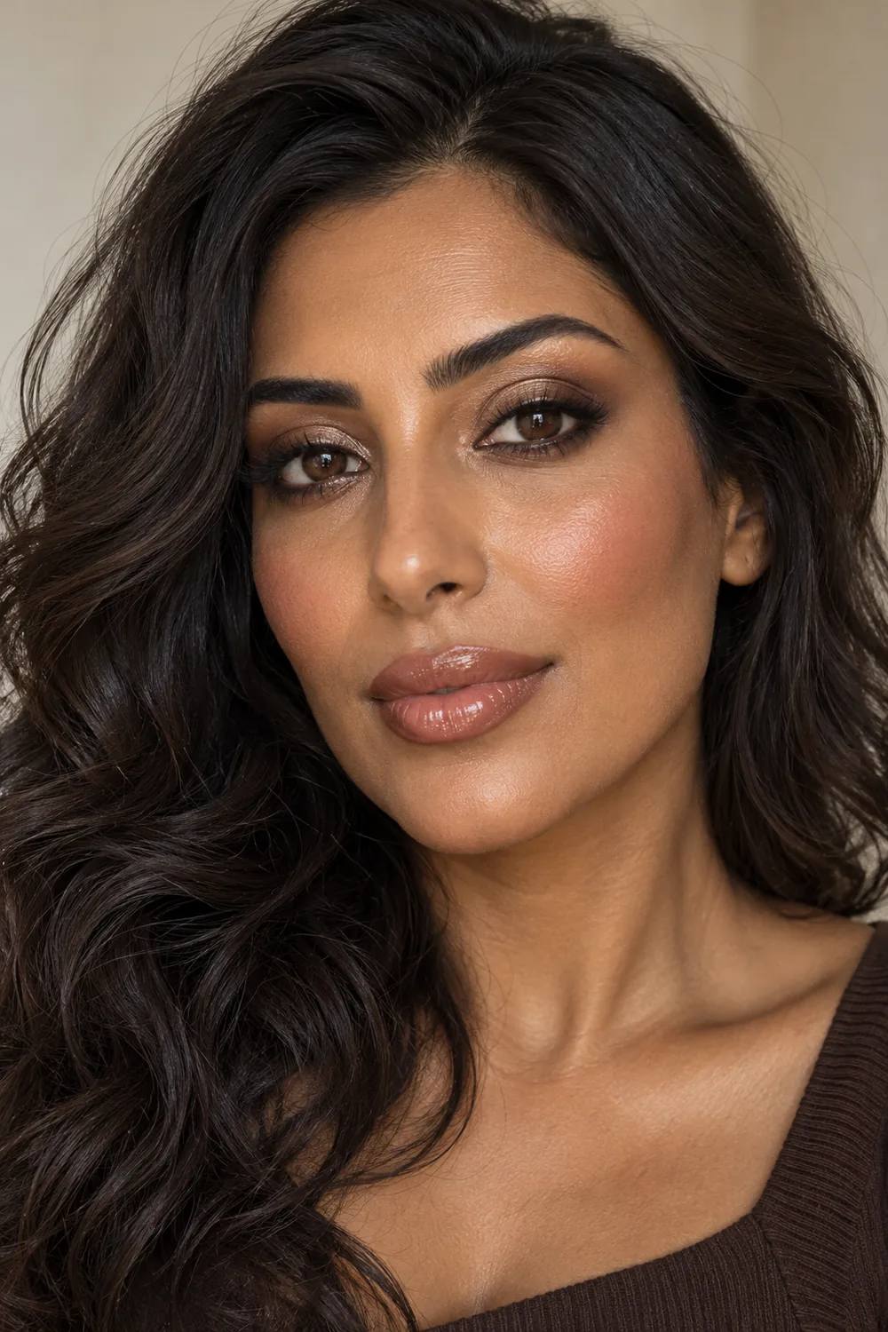 Close beauty portrait of an adult woman with visible brown eyes, champagne lids, softly smudged rounded espresso lash definition, cinnamon blush, and glossy caramel-rose lips.