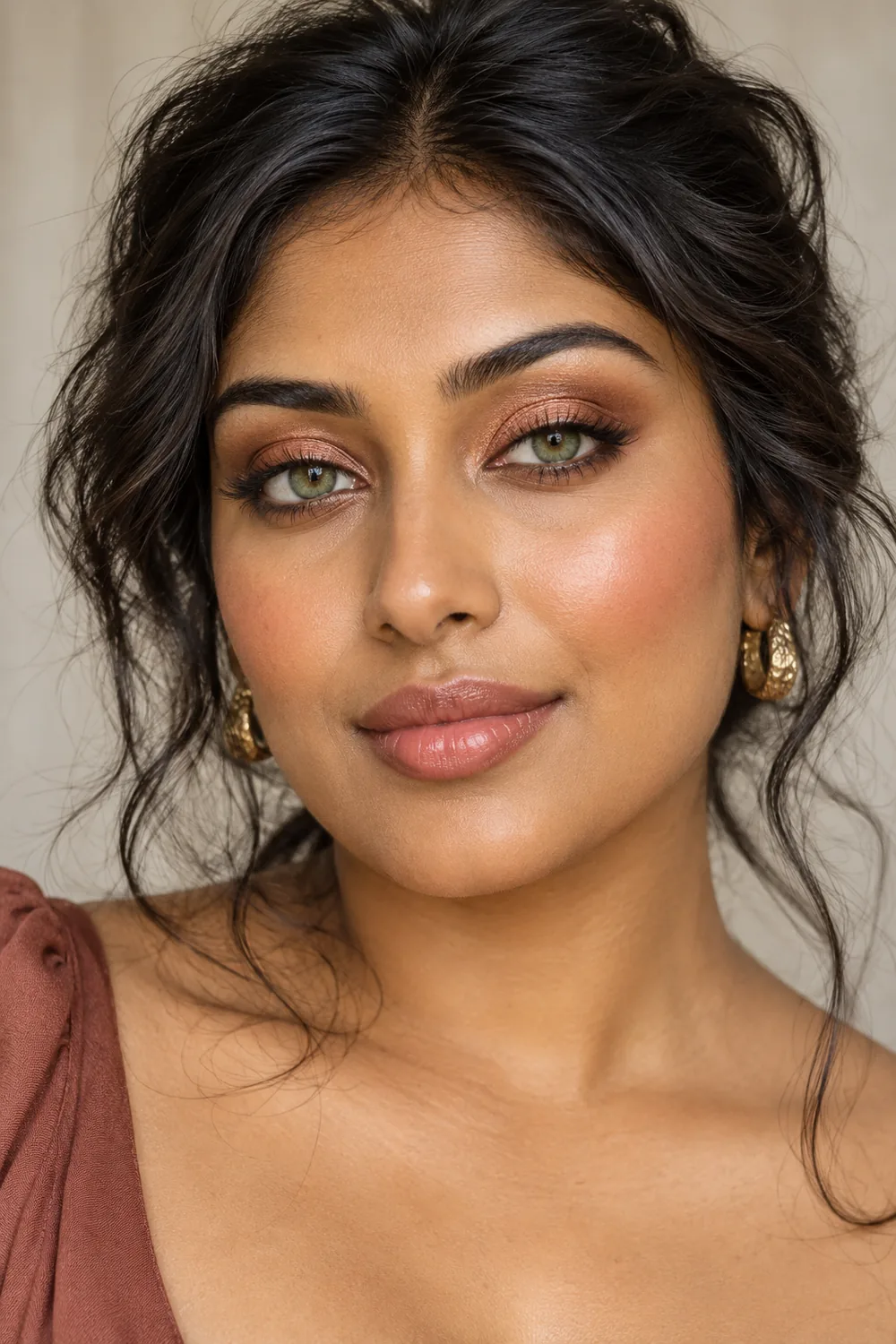 Fictional adult South Asian woman with green irises wearing copper and bronze eye makeup, fine brown upper liner, high peach blush, and satin rose-nude lipstick.
